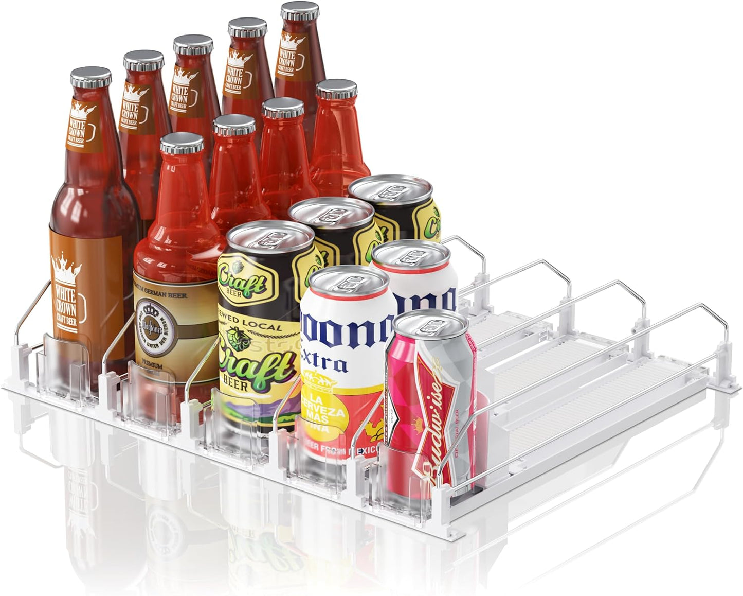 Drink Organizer for Fridge,12oz 16oz 20oz - Soda Can Dispenser for Refrigerator,Width Adjustable,Automatic Pusher Glide,15"D,White,5 ROW,Holds 25 Cans