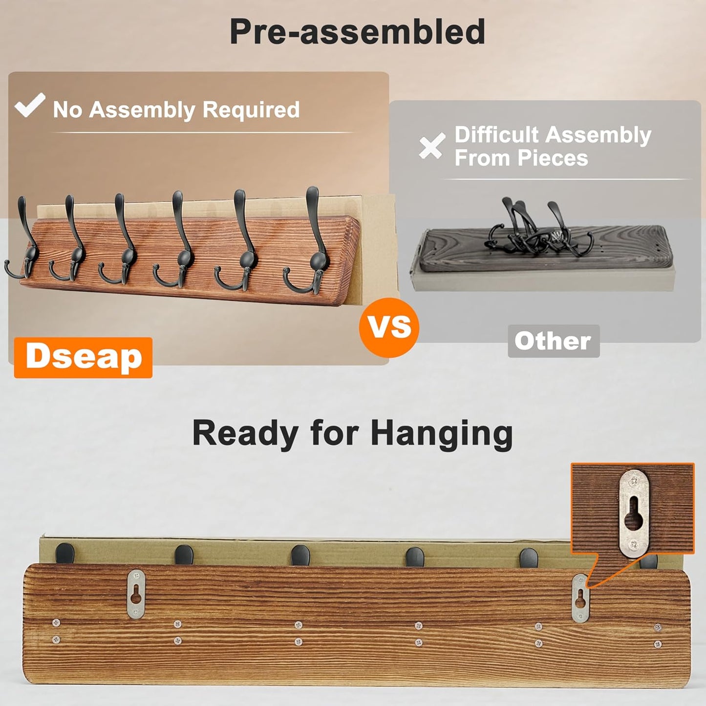 Dseap Coat Rack Wall Mounted - 24" Long 6 Tri Hooks, Heavy Duty Wooden Wall Coat Hanger Coat Hook for Clothes Hat Jacket Clothing, White and Black