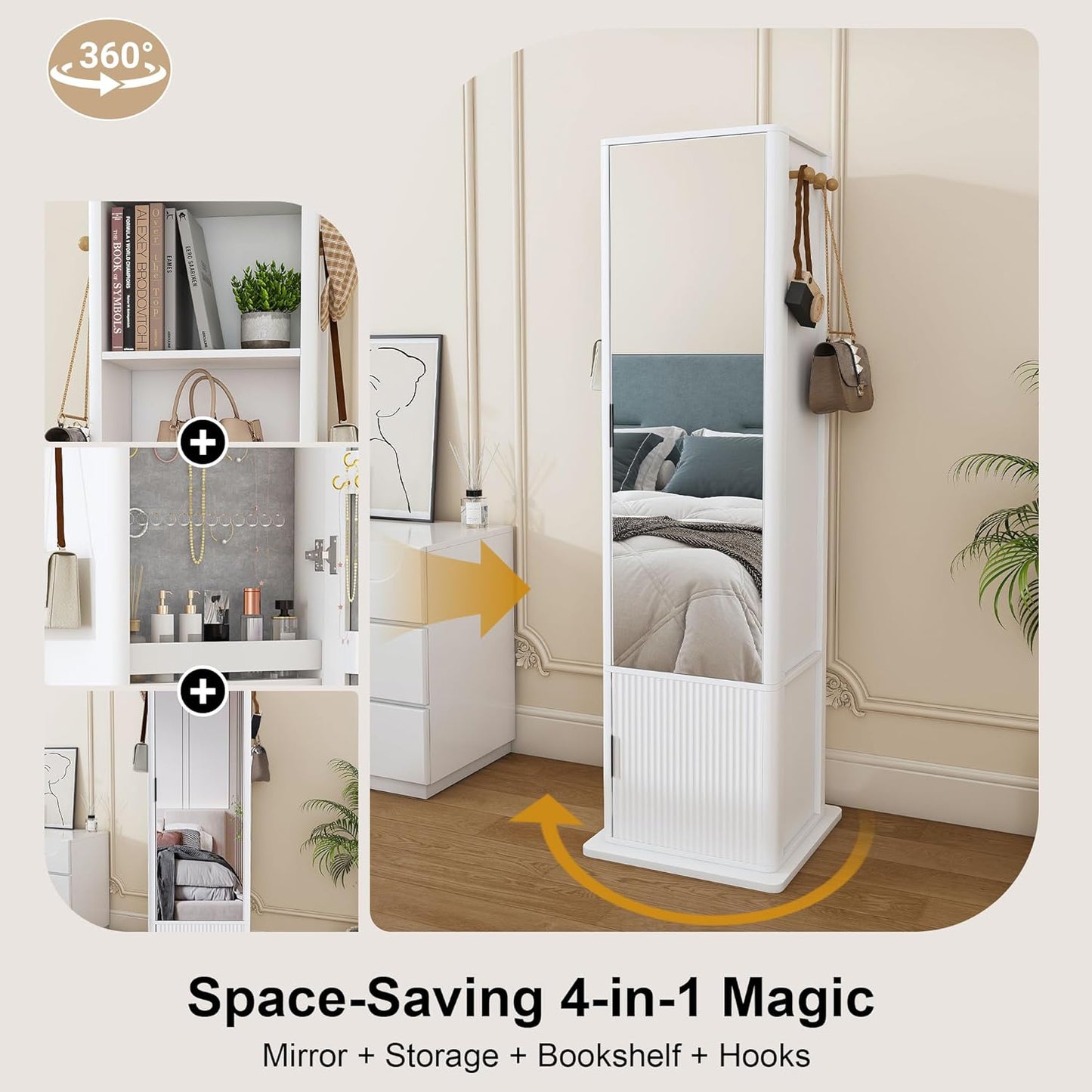 Montary 360° Rotating Makeup & Jewelry Cabinet with Full-Length Mirror - Standing Storage Organizer with Coat Rack, 4-Tier Open & Built-in Shelves, White