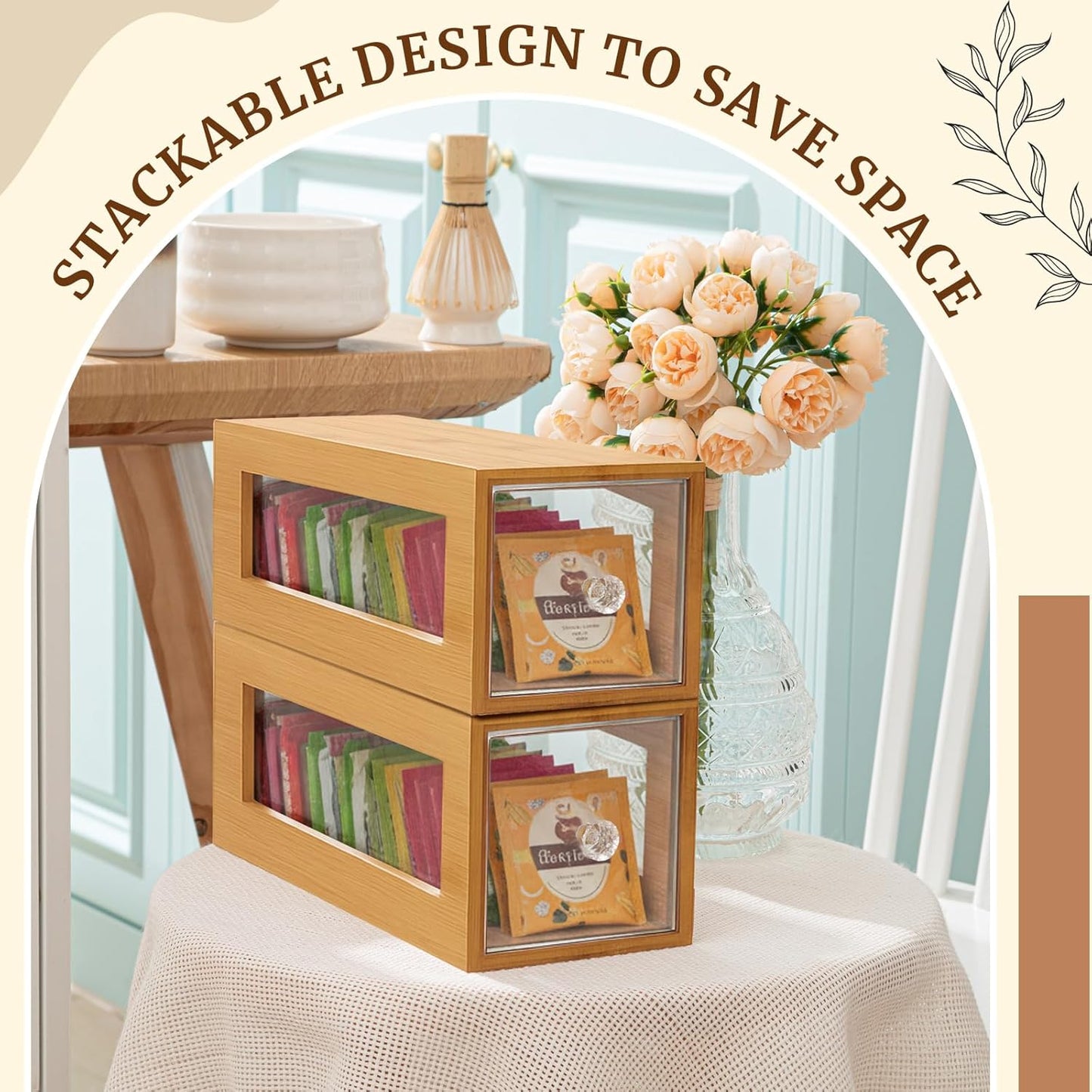 2 Pcs Bamboo Tea Bag Organizer Drawer Stackable Tea Bag Holder and Organizers, Wooden Storage Containers with Acrylic Drawer, Well-Organized for Office Kitchen Countertop Cabinet Pantry