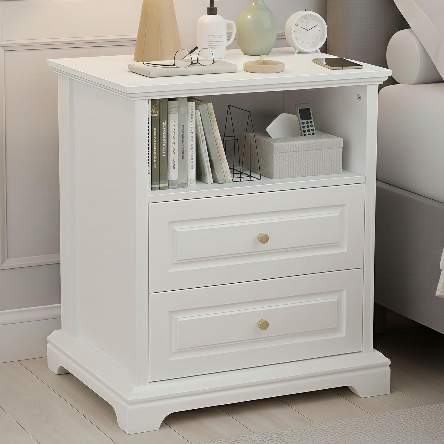 White Nightstand with 2 Drawers & Open Shelf, 21.2"x16.5"x24.0" Bedside Table with Gold Knobs, Modern End Table for Bedroom Living Room