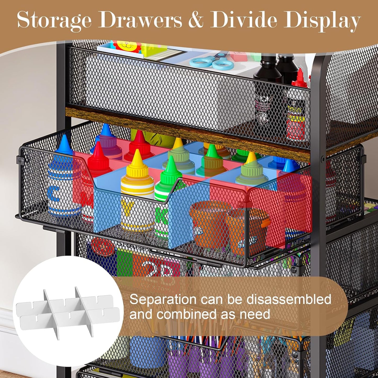 5-Tier Craft Organizer Cart with Wheels-Storage Cart with Drawers,Lockable Wheels Rolling Utility Cart,Makeup Cart with DIY Divider,Office Supply Organizer Storage for Studio,Office,Bedroom,Black