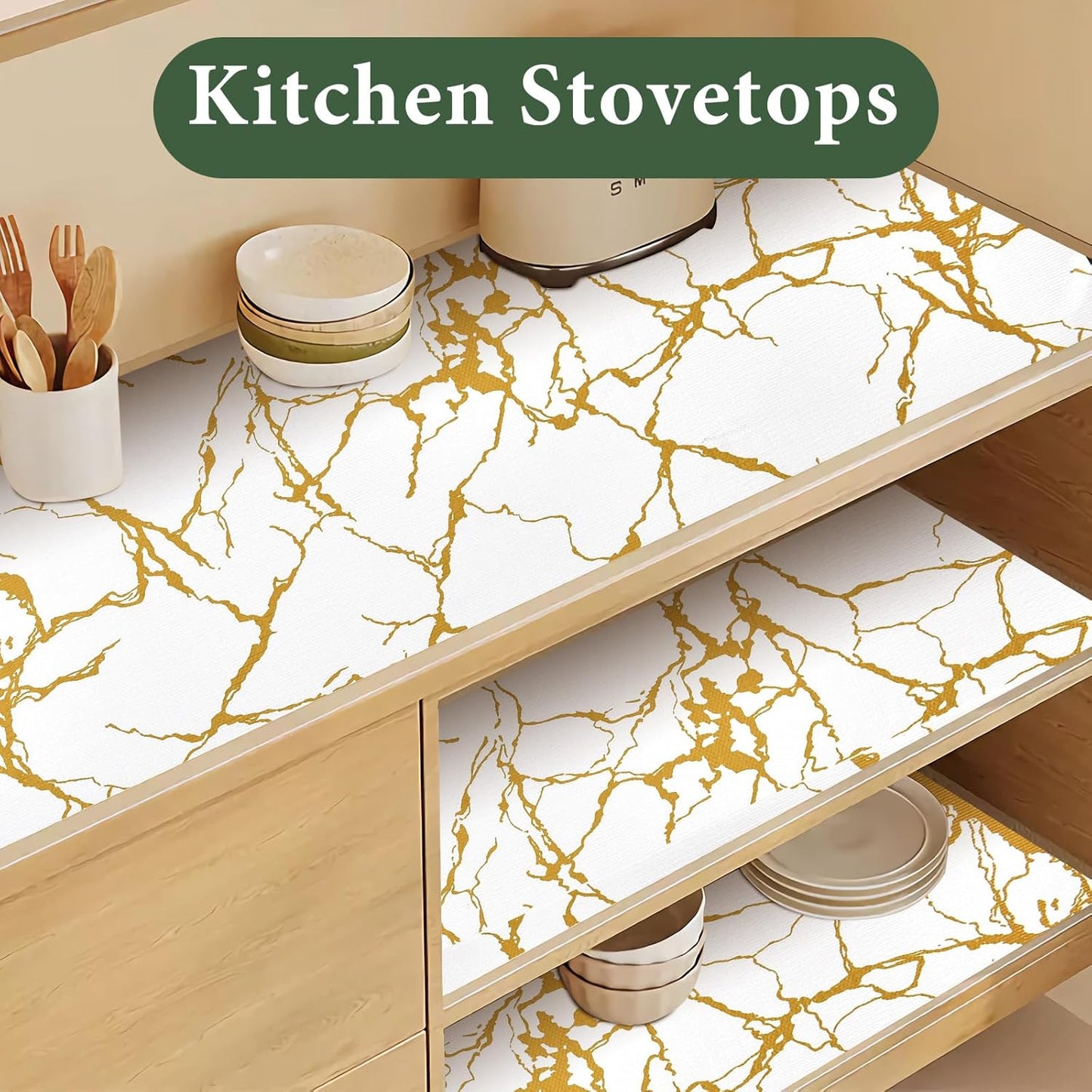 Drawer and Shelf Liner for Kitchen Cabinet Non Slip Waterproof Shelf Paper 17.5 in X 20 Ft Non Adhesive Refrigerator Liners Gold White Marble Easy Liners for Bathroom Cupboard