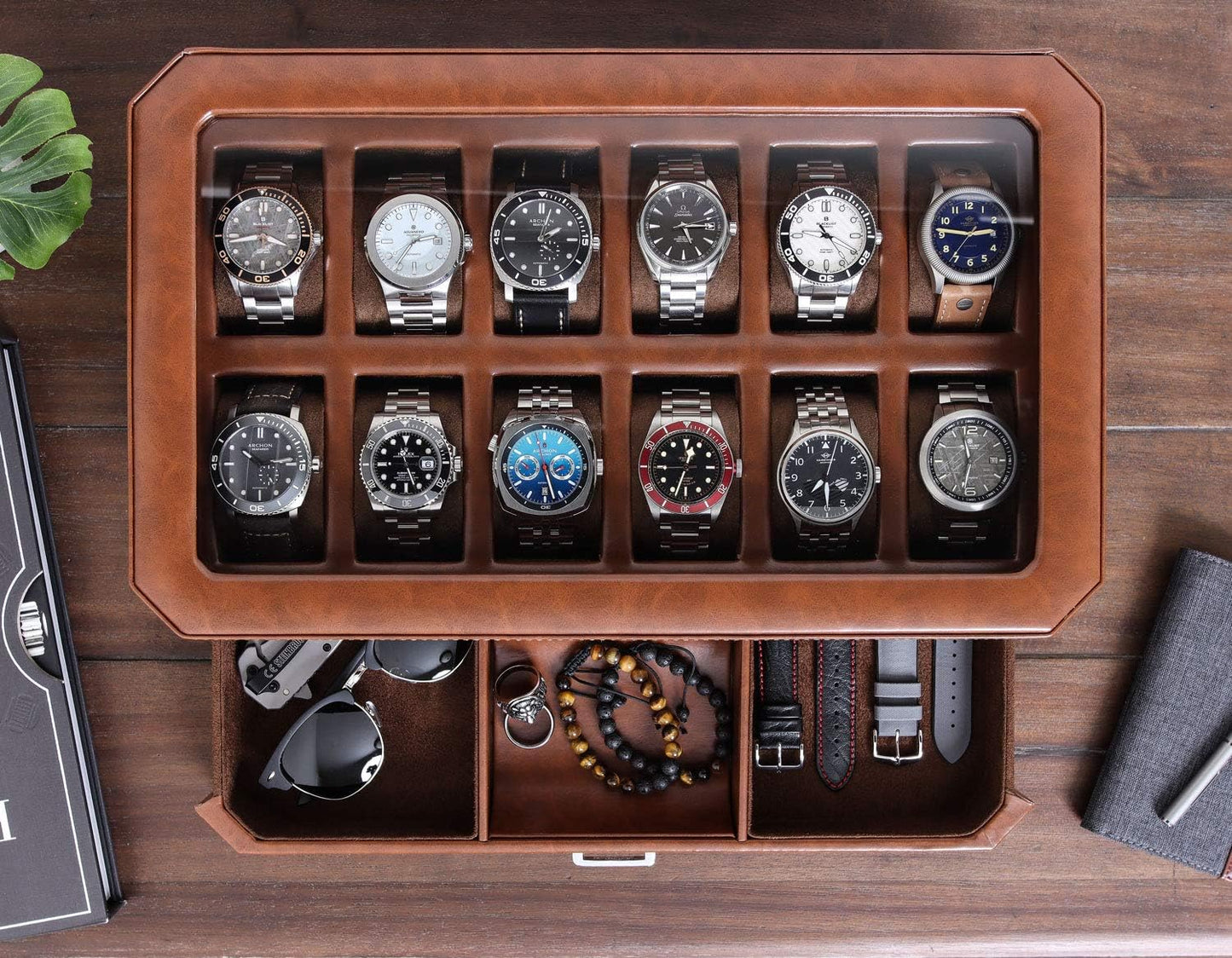 ROTHWELL 12 Slot Leather Watch Box with Valet Drawer - 12 Slot Luxury Watch Case Display Organizer, Microsuede Liner, Mens Accessories Holder, Jewelry Case, Jewelry Display Organizer (Tan/Brown)