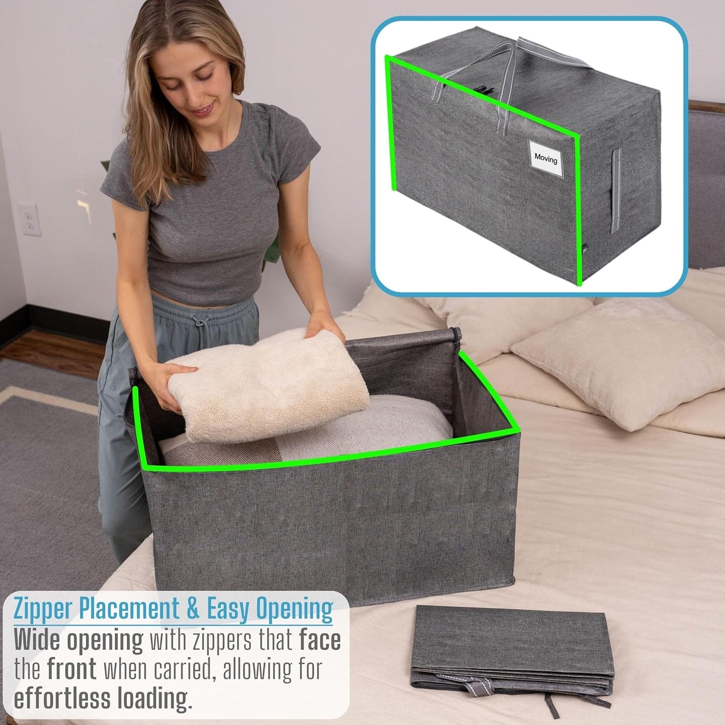 VENO 8 Pack Moving Bags, Moving Supplies, Moving Boxes, College Packing Storage Boxes with Lids Alternative, Heavy Duty Dorm Organizer Tote, Extra Large, Sturdy Handles, Zipper (Dark Gray, 8 Pack)