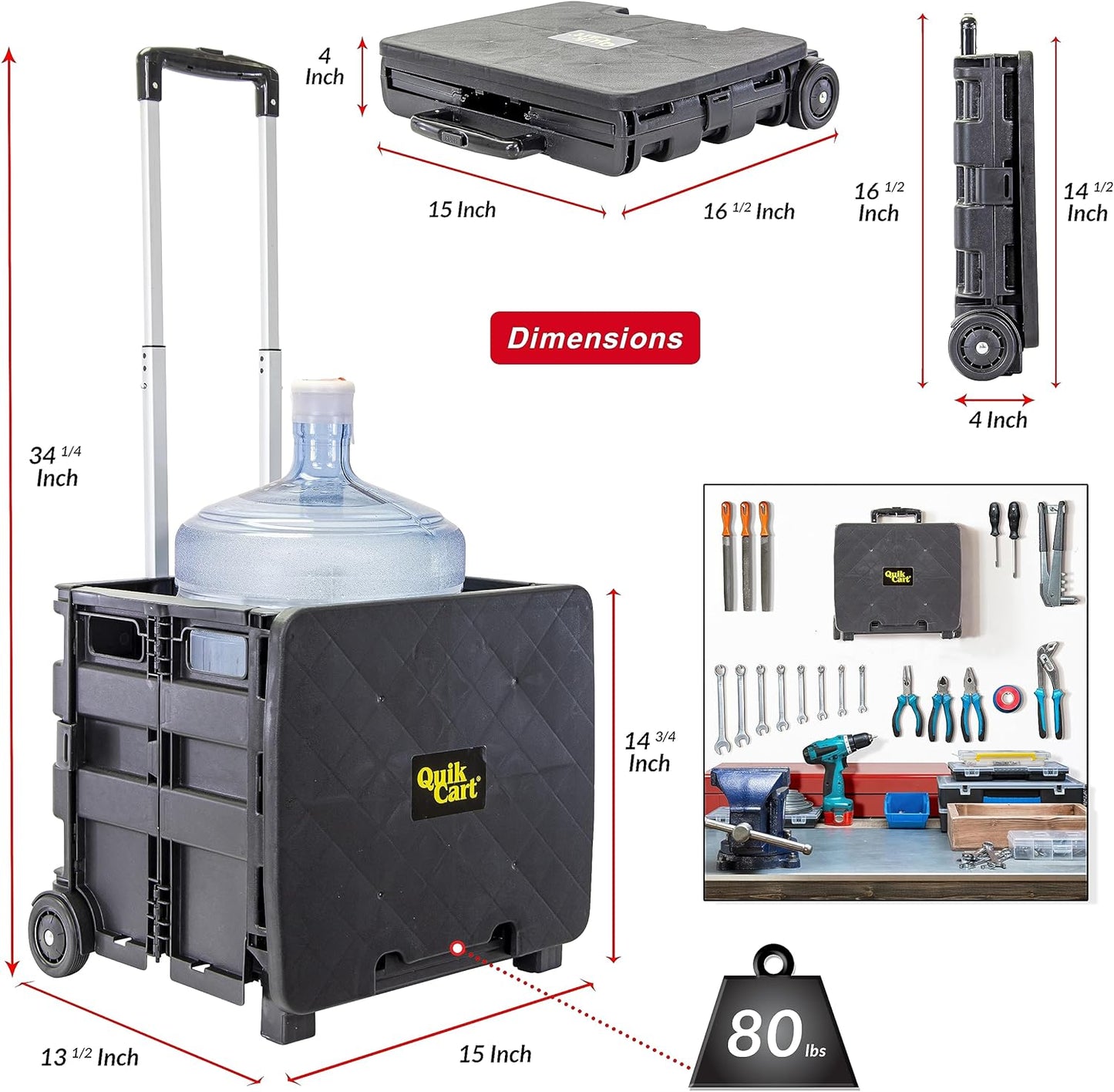 dbest products Quik Cart Sport Collapsible Rolling Crate on Wheels for Teachers Tote Basket 80 lbs Capacity, Made from Heavy Duty Plastic Used as a Seat, Black, Compact