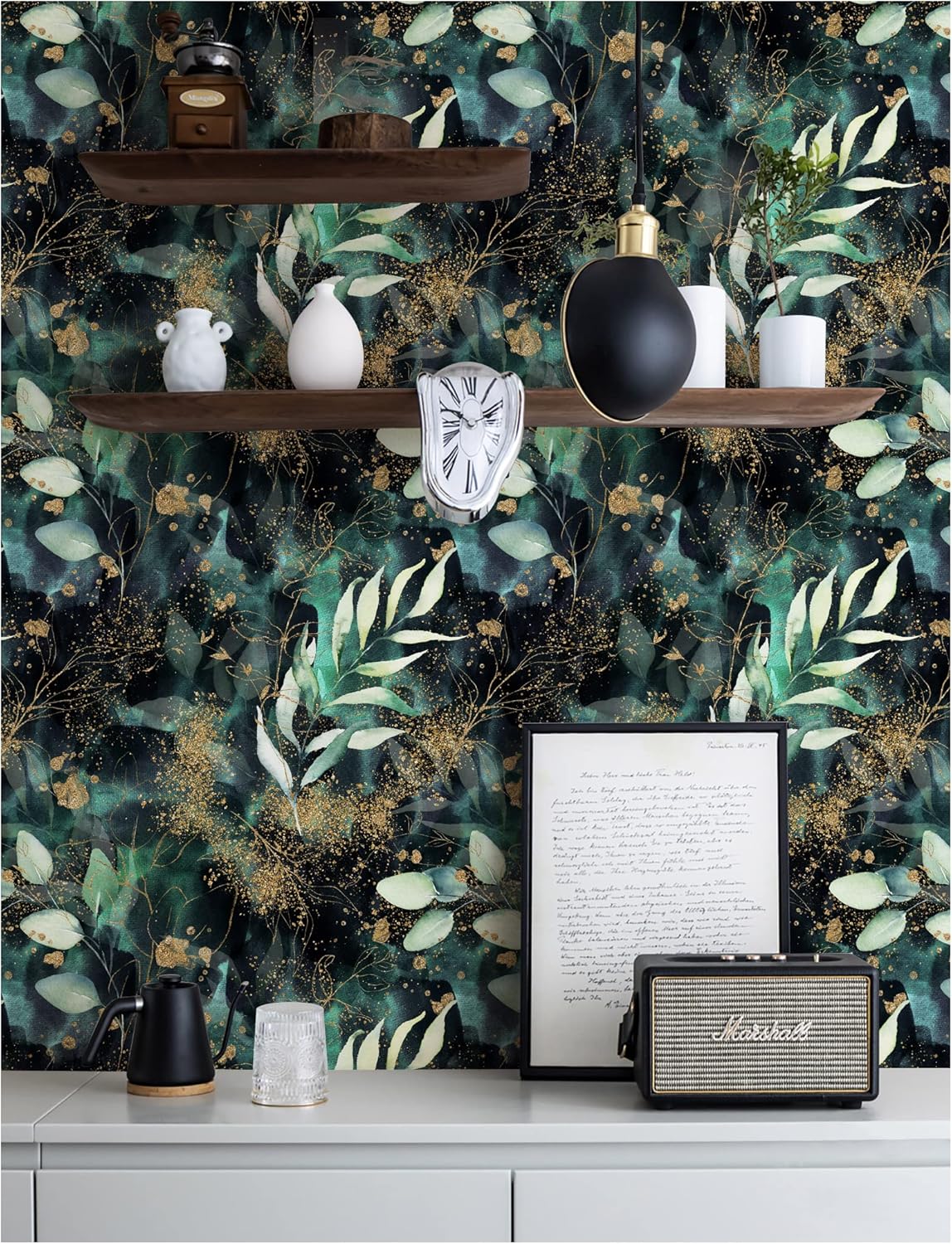HAOKHOME Self Adhesive Shelf Liner and Drawer Liner Black Floral, Peel and Stick Cabinet Liners, Kitchen Cabinets and Cupboard, Bathroom Drawers, Black/Green/Matte Gold 17.3in x 6.5ft