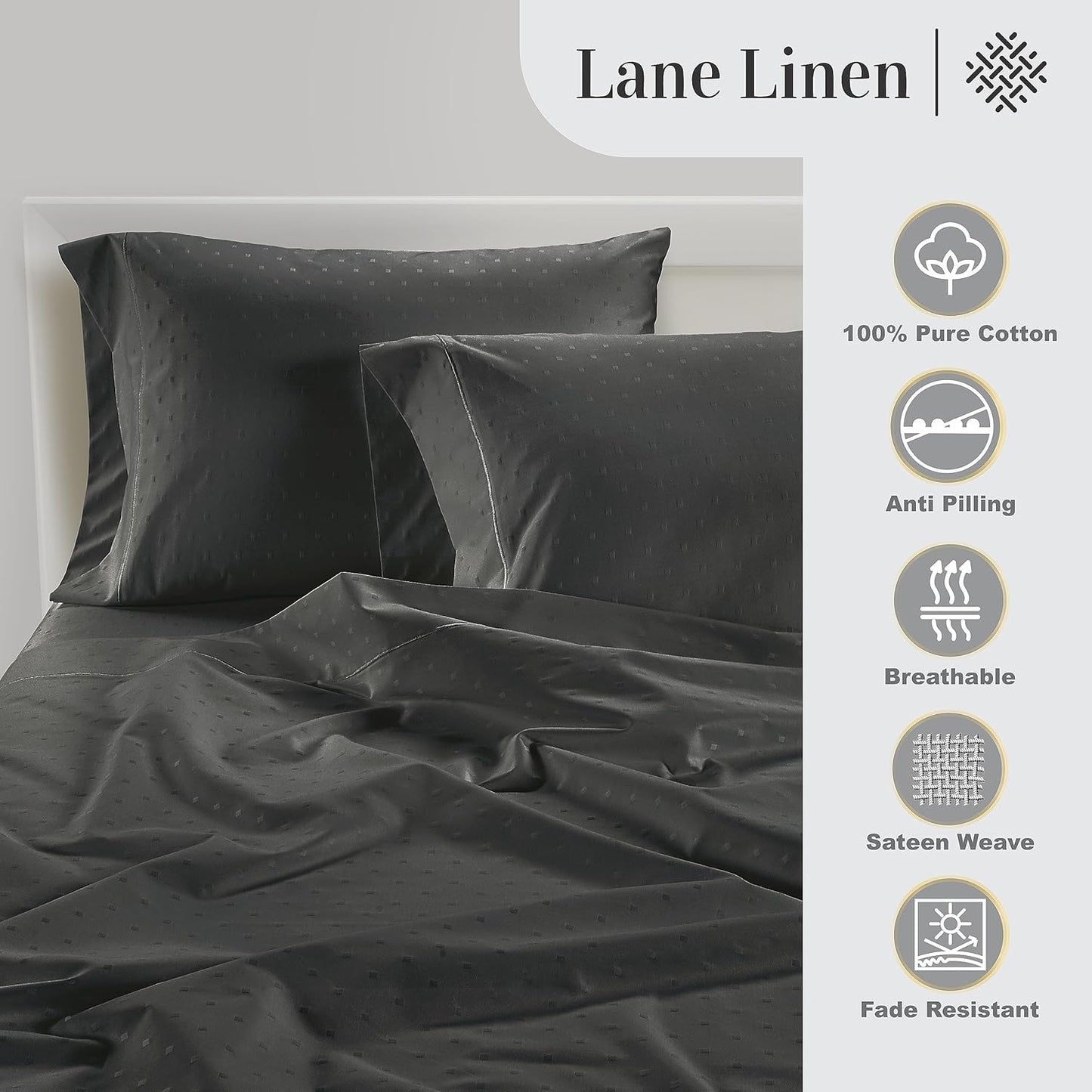 LANE LINEN Pillow Case Covers King, Set of 2, 100% Egyptian Cotton Sateen, Soft Cool & Smooth 1000 Thread Count Pillow Cases - Swiss Dot - Charcoal