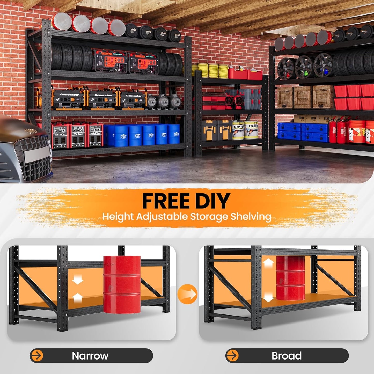 Set of 2 Storage Shelves, 48” Wide Heavy Duty Garage Shelving Units, 4 Tiers Rack Shelf, 24” Deep Steel Industrial Shelving, 3000LBS Adjustable Standing Shelf for Warehouse / Shop 48"W x 24"D x 70"H