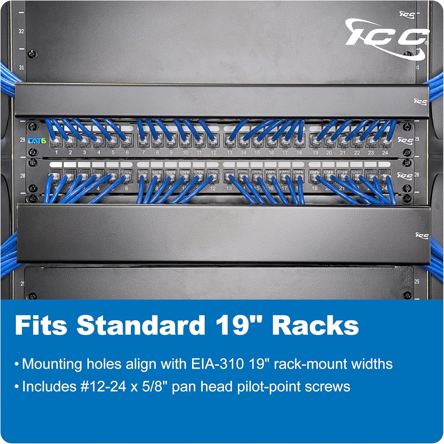 ICC 2U Ring Cable Manager Panel with Cover, Metal, 3" D-Rings, Horizontal Cable Management, Rackmount for 19” Network Racks, Black, 6-Pack