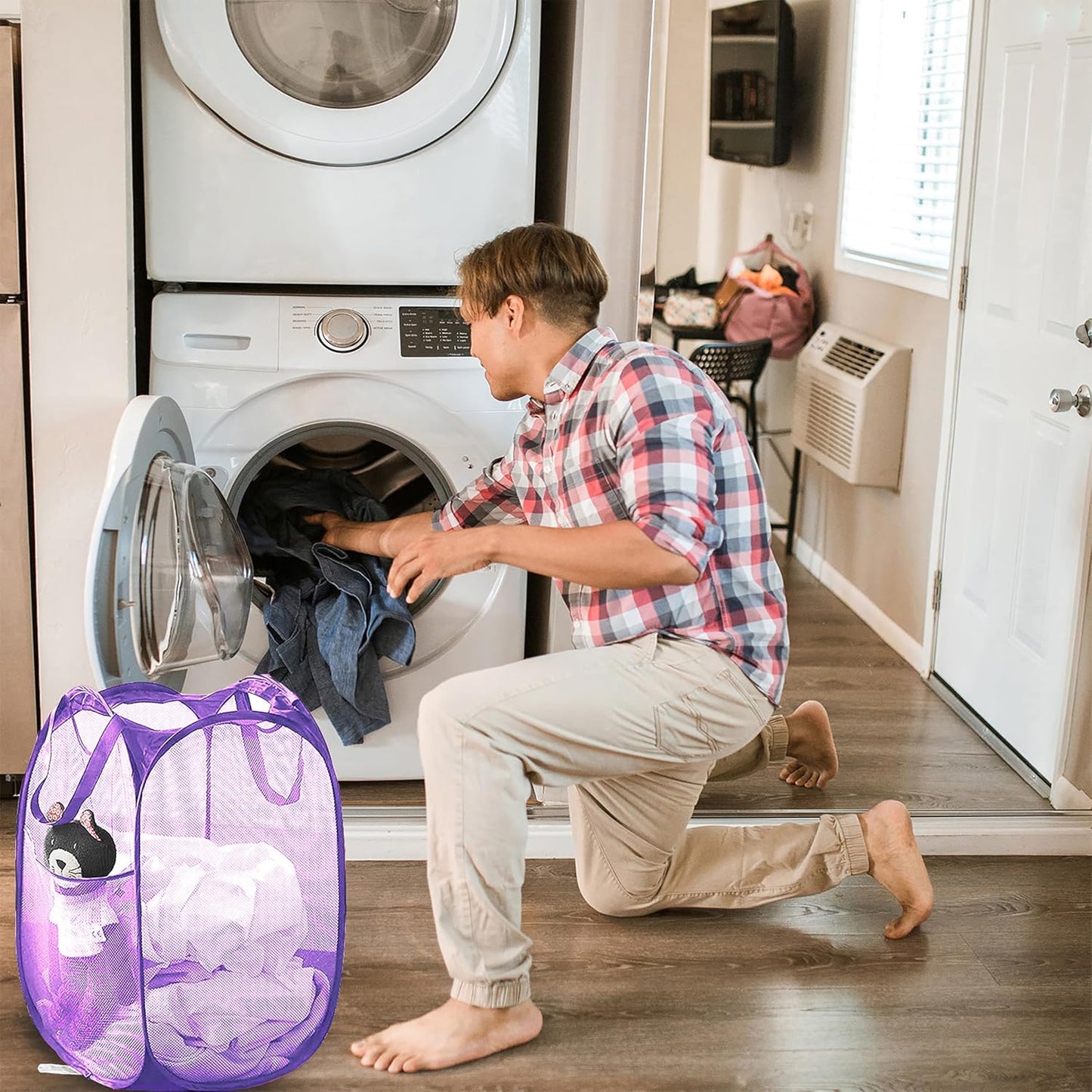Collapsible Pop Up Laundry Hamper, Extra Large Mesh Foldable Laundry Basket Bag, 28" x 16" x 16", 2 Pack (Black + Purple)