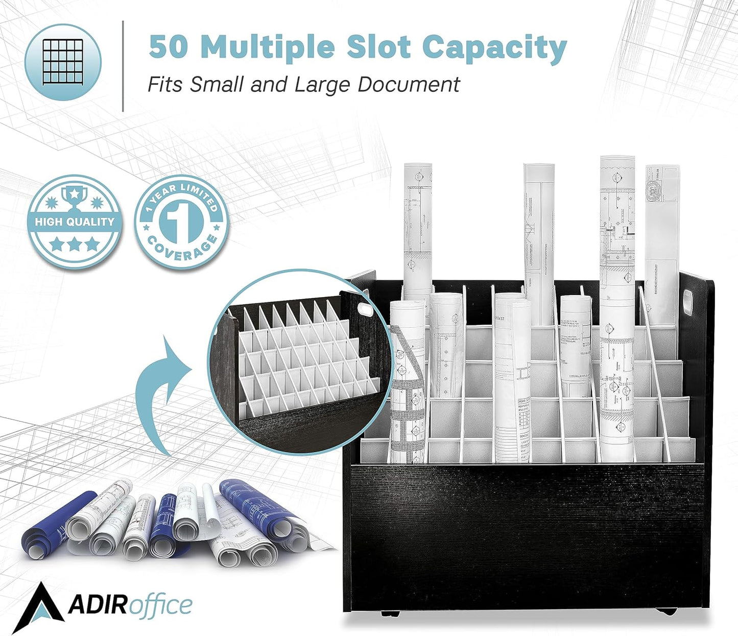 Adir Blue Print Storage Organizer - Mobile Roll File Cart, Construction Plan Holders, Blueprint Cabinet with Wheels, Roll Files Storage for Office and Home (50 Slots, Black)