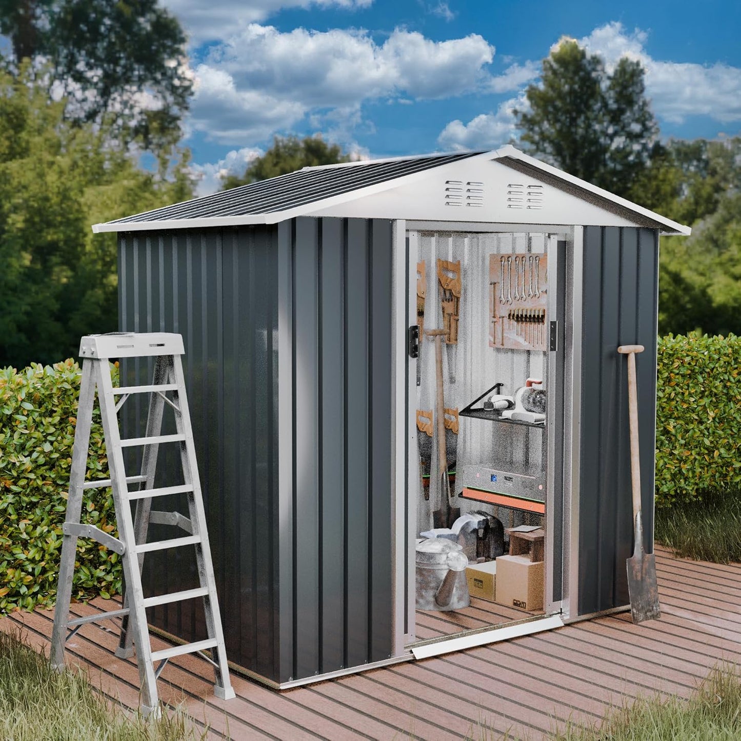 6FT x 4FT Outdoor Sheds Storage Anti-Corrosion Utility Tool House with Lockable Door & Shutter Vents Outdoor Waterproof Garden Tool Metal Storage Sheds（with Metal Foundation）