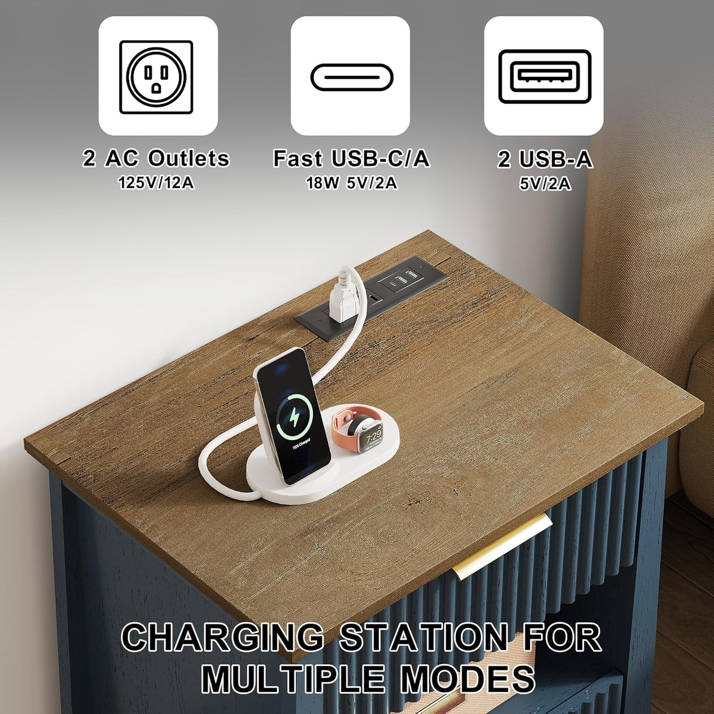 HIFYOBRO Fluted Nightstands with Charging Station & Motion Sensor Light, Modern Bedside Tables with 2 Drawers and Storage Shelf for Bedroom, Living Room,Blue