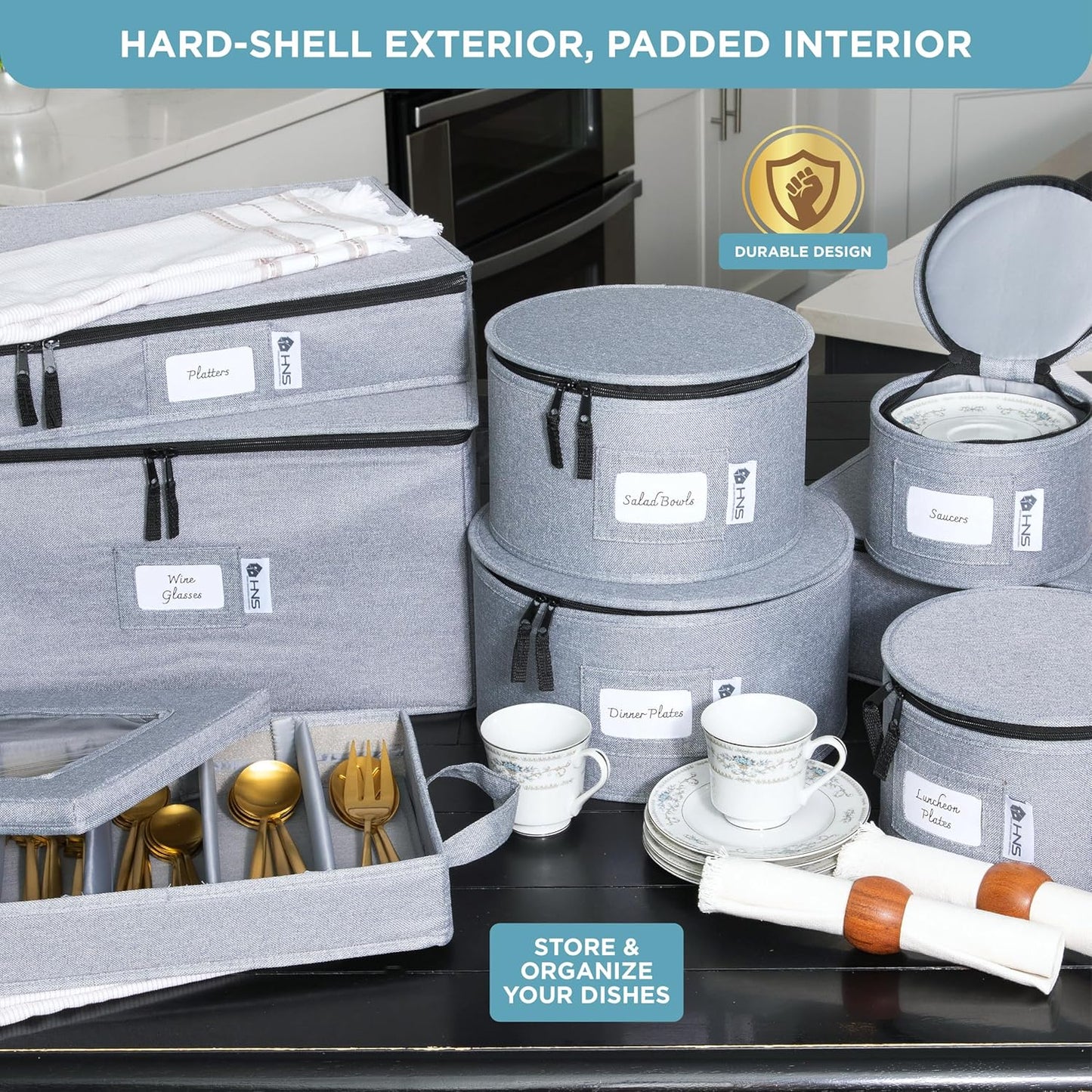 Hard Shell China Storage Containers 12-Piece Set Moving Boxes for Dinnerware, Glasses, Plates, Mugs and Saucers Sturdy Dish Organizer with Dividers for Seasonal Storage - Service for 12 - Grey