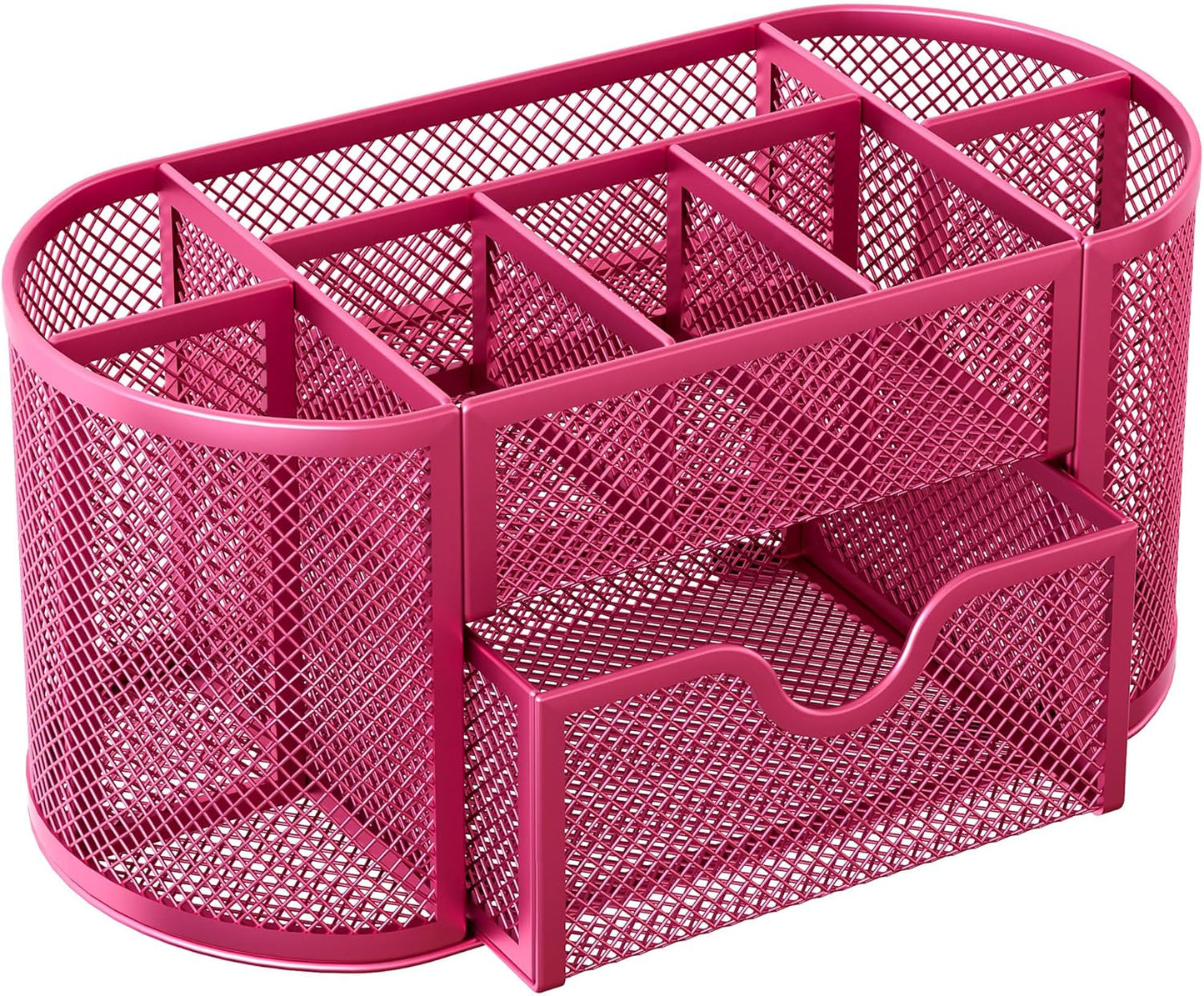 EasyPAG Mesh Pen Holder Desk Organizer with Drawer Stationery Supplies Organizer for Dorm School 9 Compartments Workspace Desk Accessories Organization for Office, Hot Pink