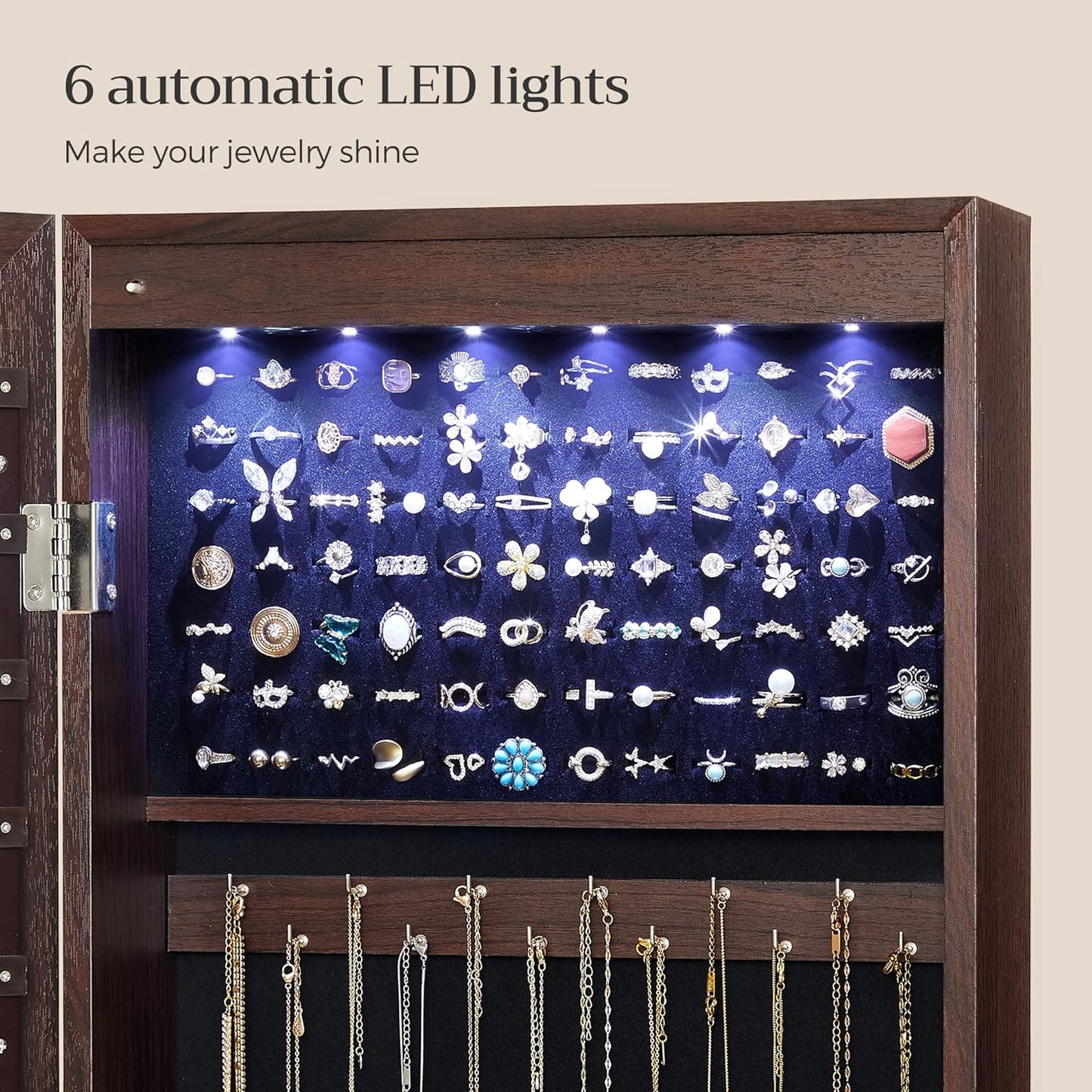 SONGMICS 6 LEDs Mirror Jewelry Cabinet, 47.2-Inch Tall Lockable Wall or Door Mounted Jewelry Armoire Organizer with Mirror, 2 Drawers, Christmas Gift, 3.9 x 14.6 x 47.2 Inches, Brown