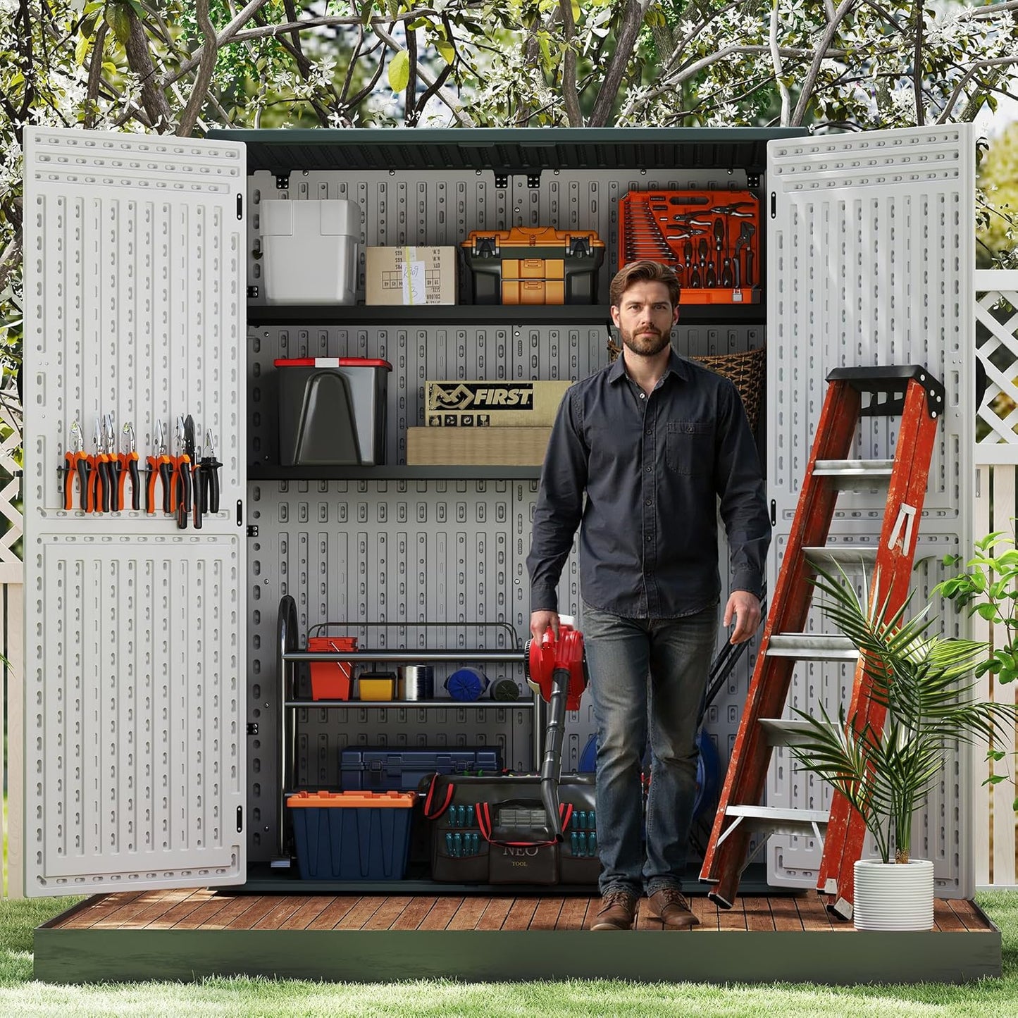 EHHLY Vertical Resin Storage Shed with 2 Shelves, 60 Cuft Garden Tool Sheds & Outdoor Storage, Plastic Outdoor Storage Cabinet Waterproof, 4.5 x 2.3 ft Outside Lawn Mower Storage Shed, Light Grey