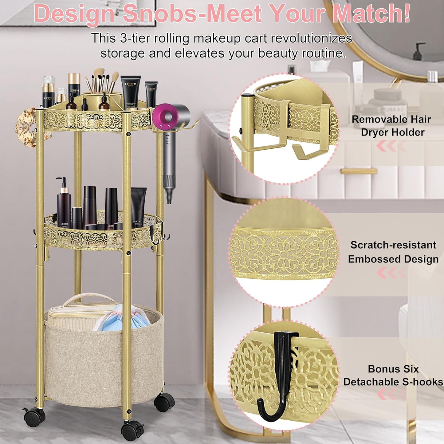 3-Tier Rolling Makeup Organizer Cart with Hair Dryer Holder - Salon-Grade Cosmetic Organizer, Mobile Bathroom Storage Cart for Skincare, Makeup Essentials -Locking Wheels (Gold Finish)