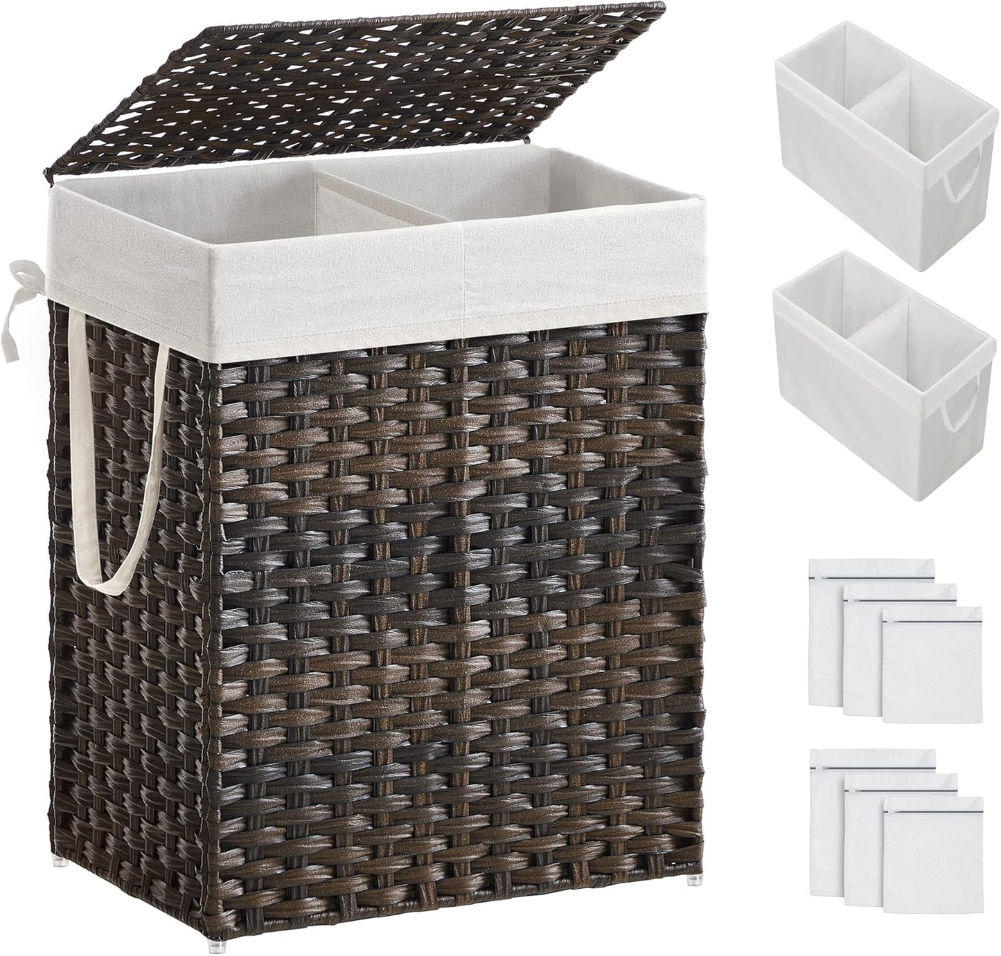 SONGMICS Laundry Hamper with Lid, 90L Clothes Hamper with 2 Removable Liner Bags, 6 Mesh Bags, Wicker Laundry Basket, Double Laundry Hamper for Bathroom, 13 x 18.1 x 23.6 Inches, Brown ULCB251K01V1