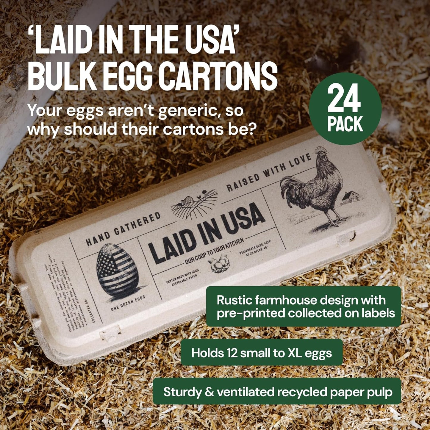 PTCOM Hatortempt Bulk Egg Cartons - 24-Pack, Reusable 12-Count Basket - Recycled Paper Pulp Protection & Ventilation - Fits Small to XL Sizes - Cardboard Dozen Egg Carton Basket