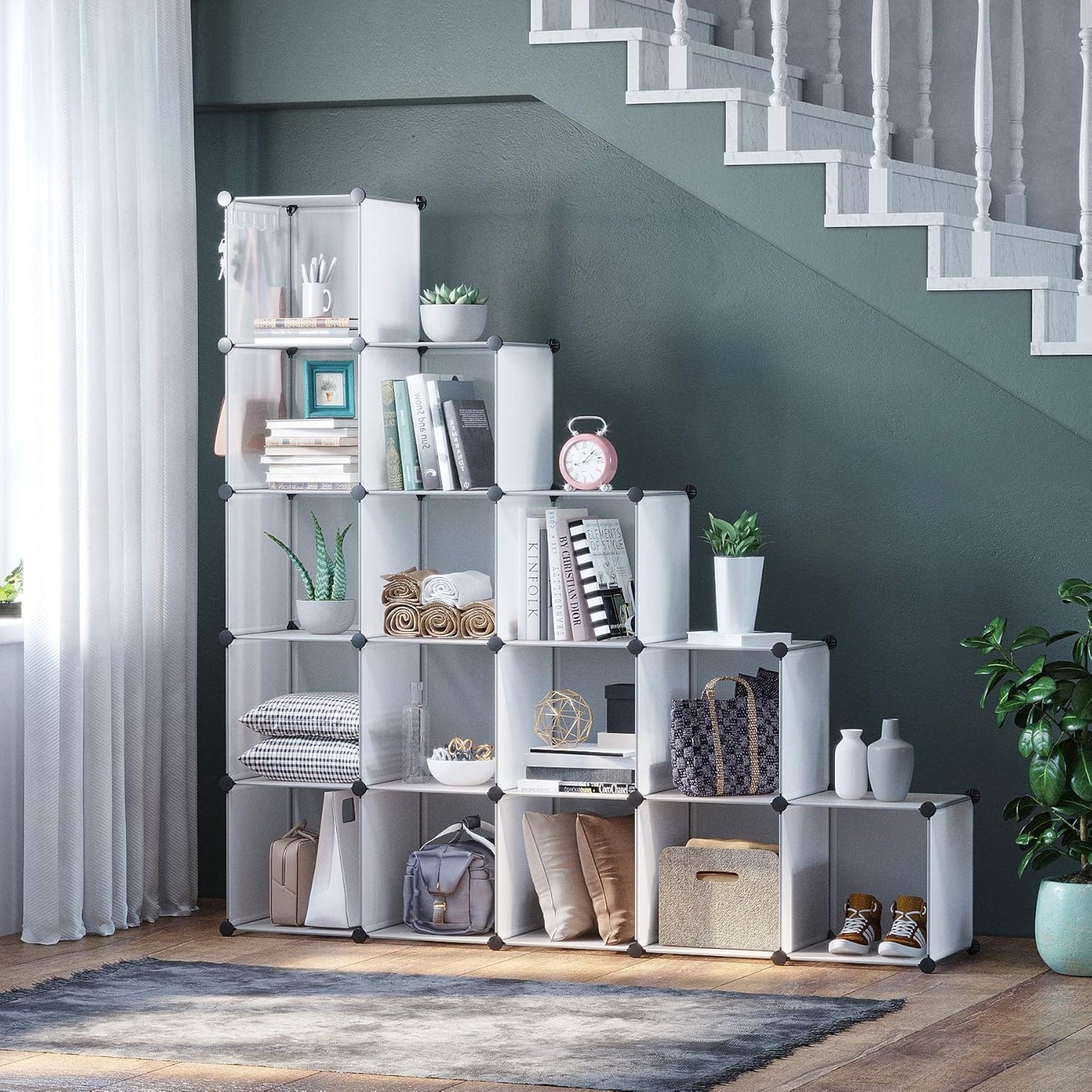 C&AHOME Cube Storage Organizer, 16-Cube Shelves Units, Plastic Storage Cubes, DIY Closet Organizer, Modular Closet Storage Shelves Ideal for Home, 48.4" L × 12.4" W × 48.4" H Transparent SUM3016W