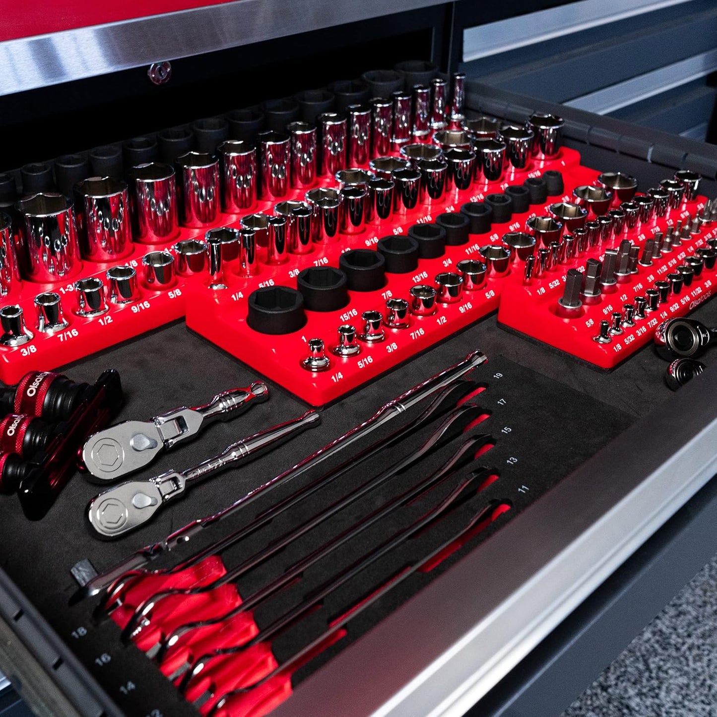 Olsa Tools Magnetic Socket Organizer | 3pc Socket Holder Kit | 1/2-Inch, 3/8-Inch, & 1/4-Inch Drive | Socket Organizers For Toolboxes | Red | Holds 123 | Professional-Grade Tool Organizer | Part 1560