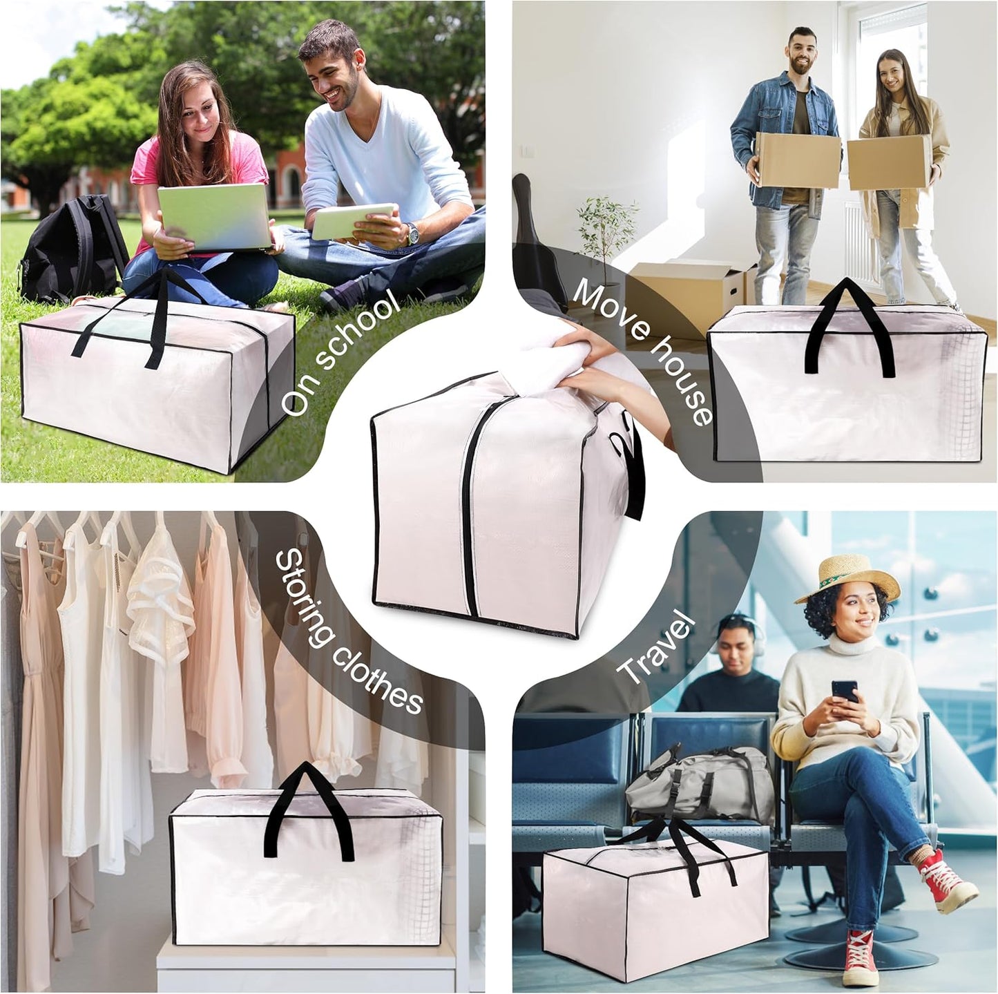 6 Pack Heavy Duty Large Moving Bags W/Backpack Straps - Strong Handles & Zippers, Storage Totes For Space Saving, Fold Flat, Alternative to Moving Box and Storage Bin, Semi-Transparent