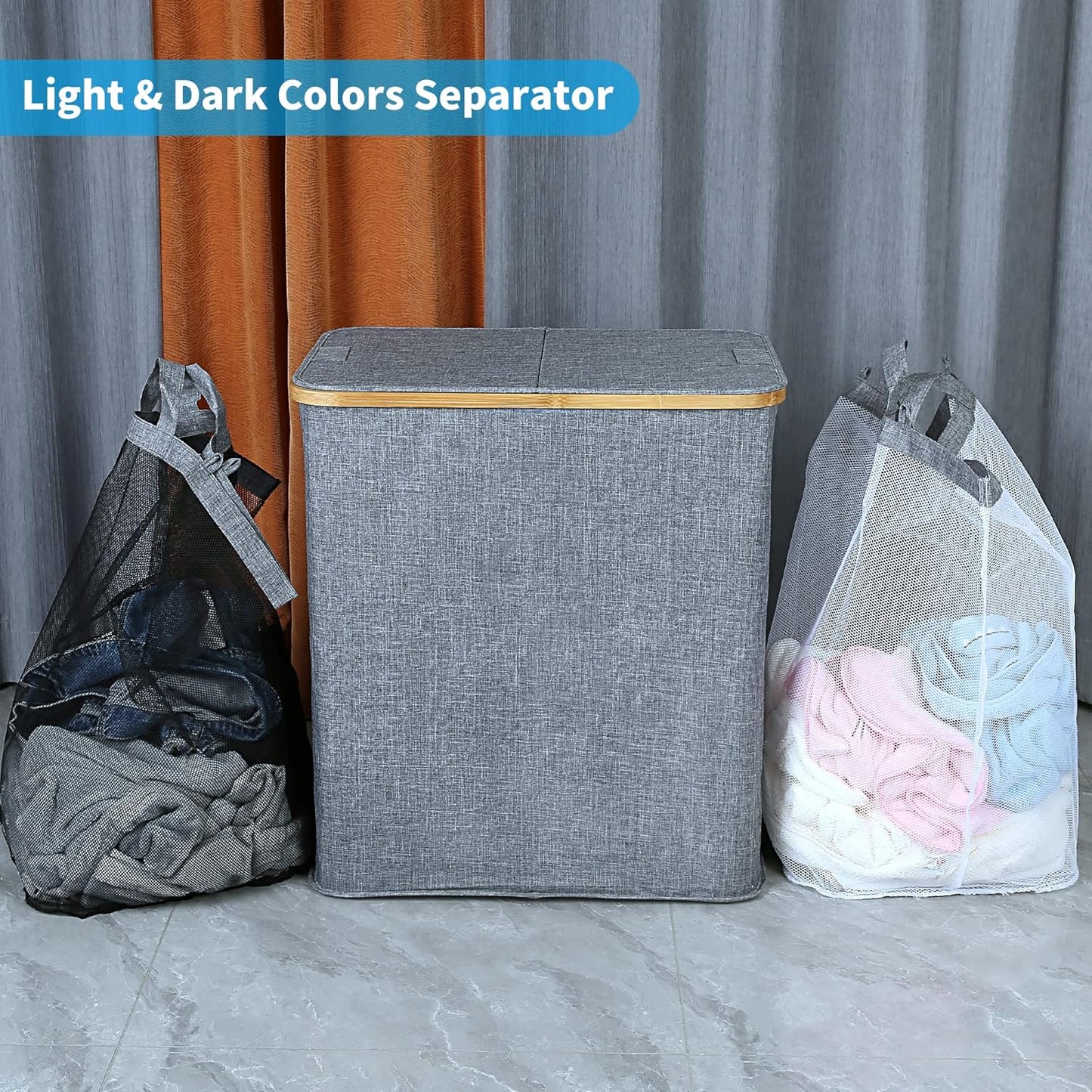 efluky Laundry Hamper with Lid, Double Laundry Hamper with 2 Removable Bags, 2 Section Laundry Basket with Bamboo Handles for Bathroom, Bedroom & Laundry Room, 140L (36.9 Gallon) Blue Grey