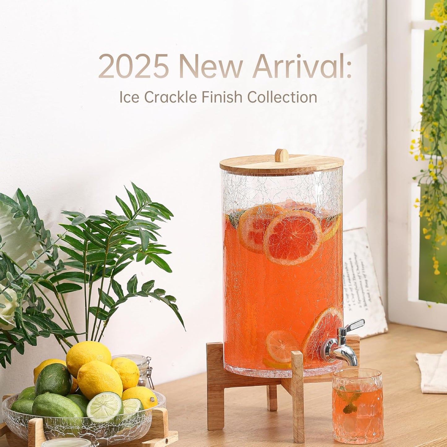 2 Gallon Glass Drink Dispenser with Stand, Beverage Dispenser with Wood Lid and Stainless Steel Spigot, Glass Water Dispenser for Parties, Ideal for Juice, Tea, Lemonade, and More
