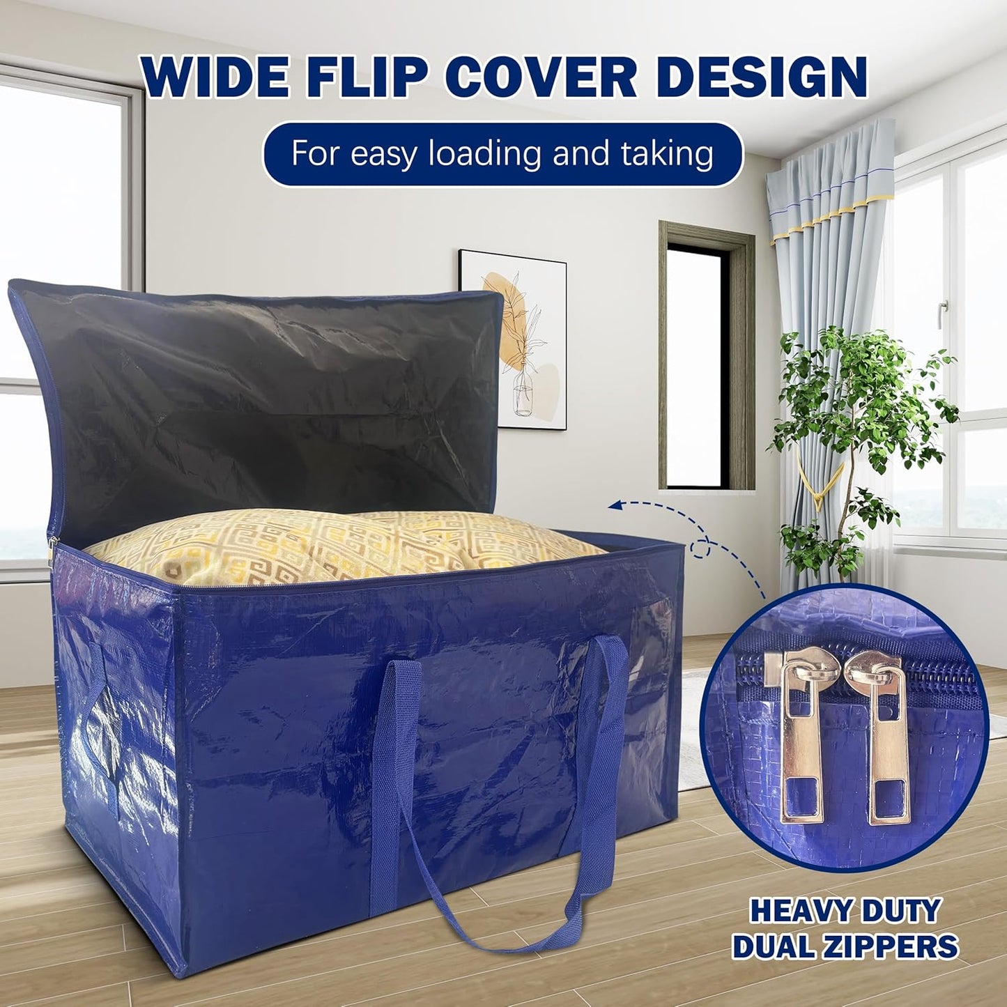 12 Pack Extra Heavy Duty Large Moving Bags with Strong Zipper & Carrying Handles, Sturdy Clothes Storage Bag Totes Bins, Packing Bags Moving Boxes College Moving Supplies, Dark Blue - 33 gal
