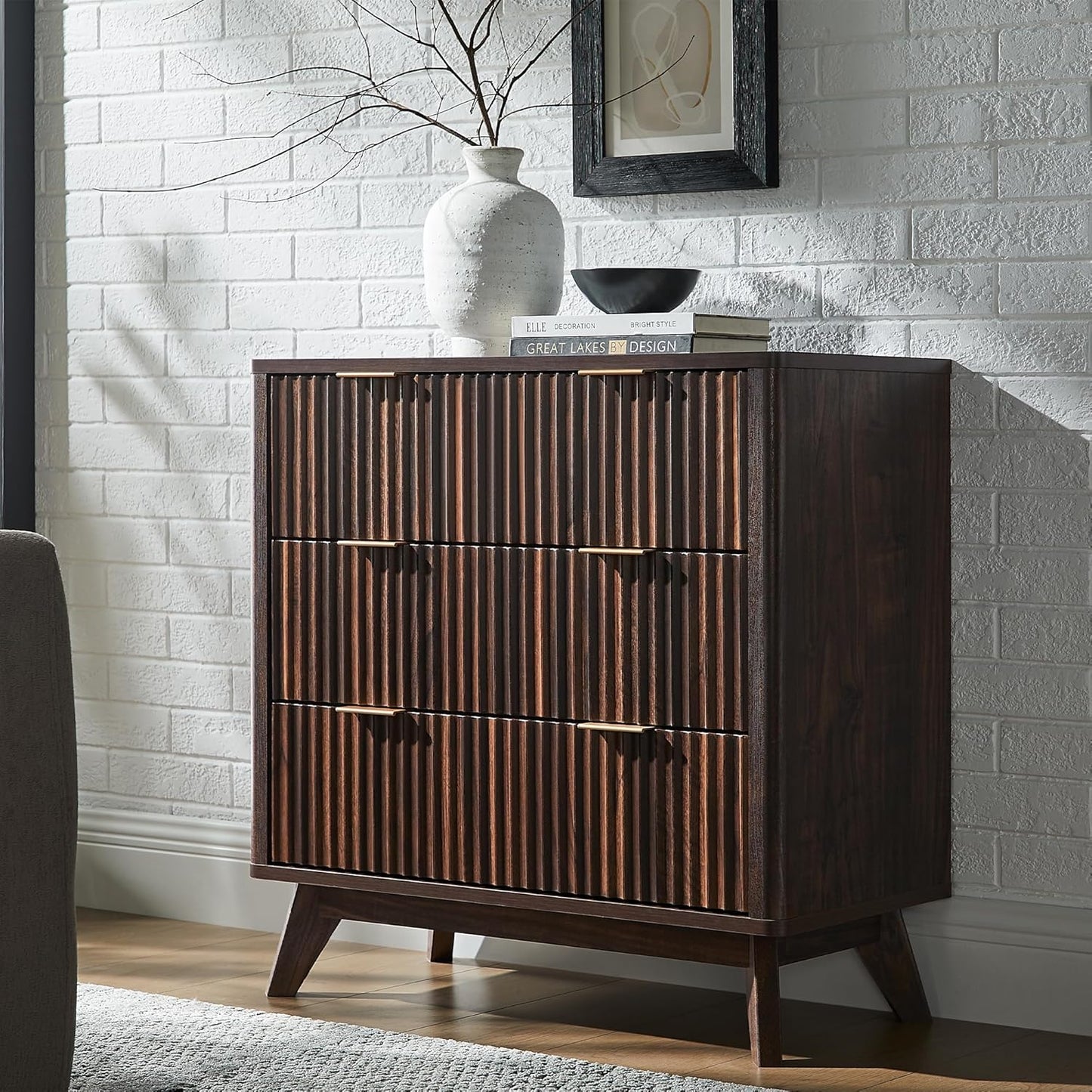 T4TREAM Fluted 3 Drawers Nightstand, Oversized Extra Large Modern Side Table, End Table Bedside for Bedroom, Living Room, Curved Profile Design, Dark Walnut