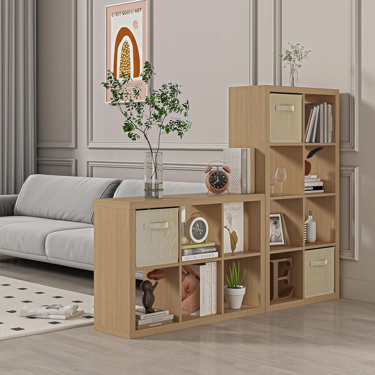 furtble Bookshelf with Storage Bins, 12-Cube Storage Organizer, Modern Wood Open Bookcase, Multifunctional Display Shelf for Living Room, Bedroom, Home Office, Oak