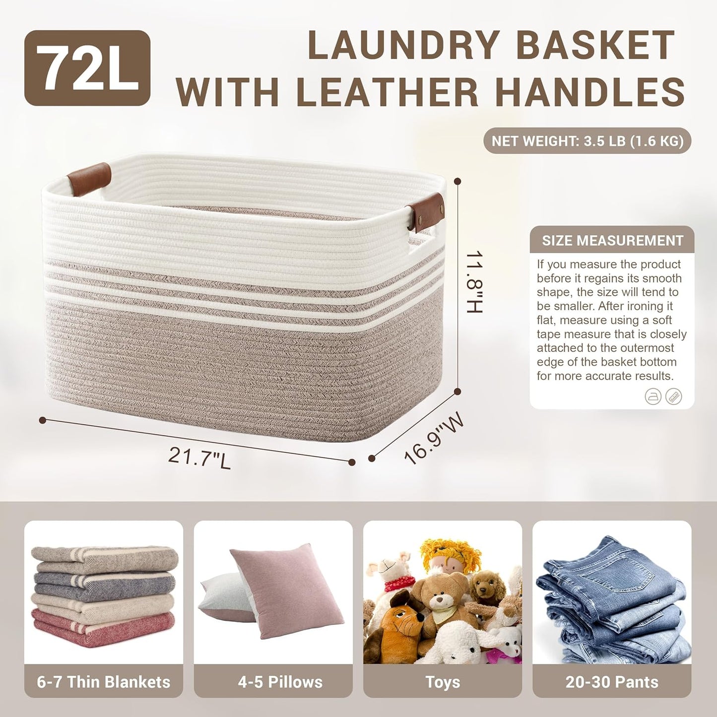 72L Large Laundry Basket with Leather Handles for Living Room Storage, Woven Rope Baskets Bin for Blanket, Kids Toy, Gifts, Wicker Hamper for Bedroom Dirty Clothes, 22"x17"x12" White Brown