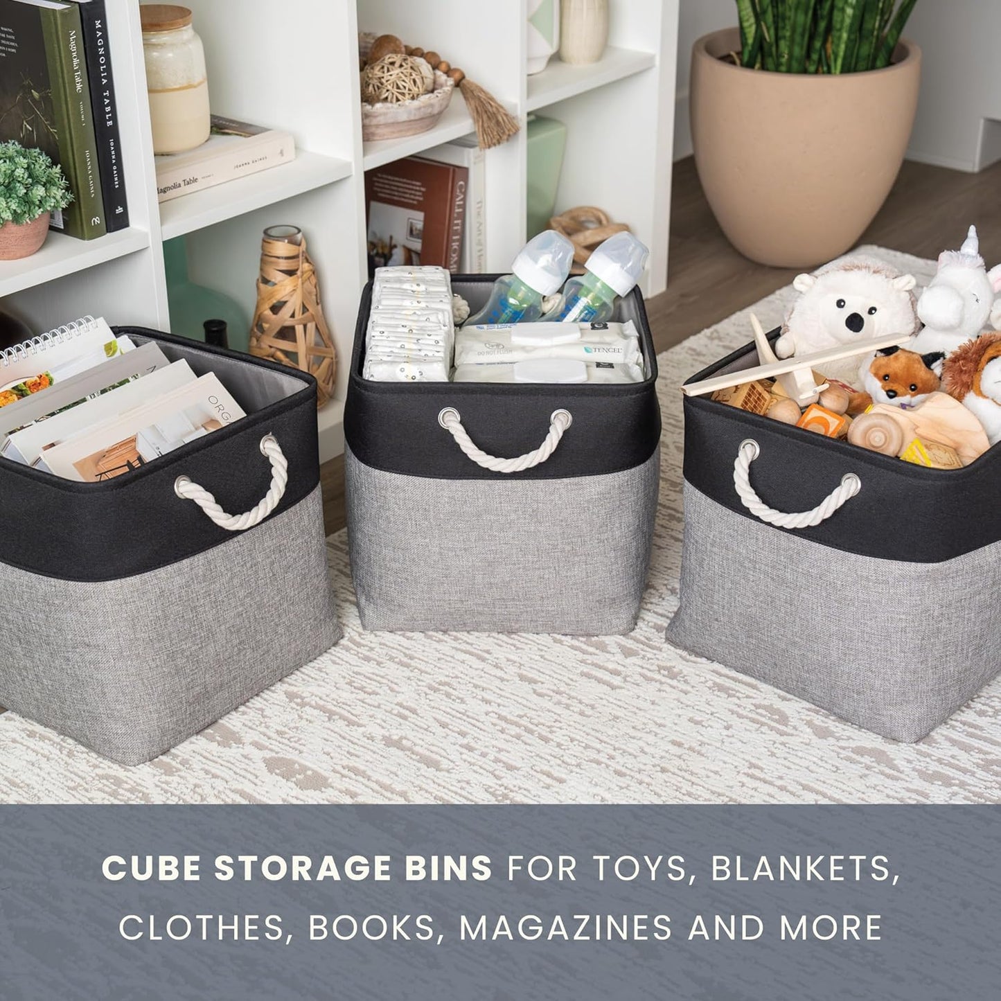 OrganiHaus 13x13 Cube Storage Bins 3 Pack, Foldable Cube Storage Organizer w/ Rope Handles, Collapsible Fabric Bins for Toys, Clothes & Closet Organization, Fabric Square Baskets - Gray/Black