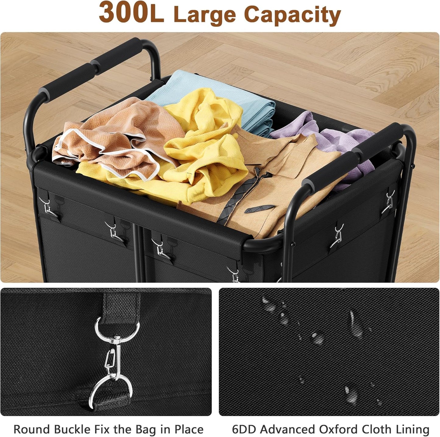 Hoctieon Large Laundry Cart with Wheels, 300L Heavy Duty Laundry Basket Organizer, Rolling Hamper Sorter for Clothes Storage, Industrial Dirty Clothes Hamper for Home & Hotel, Black