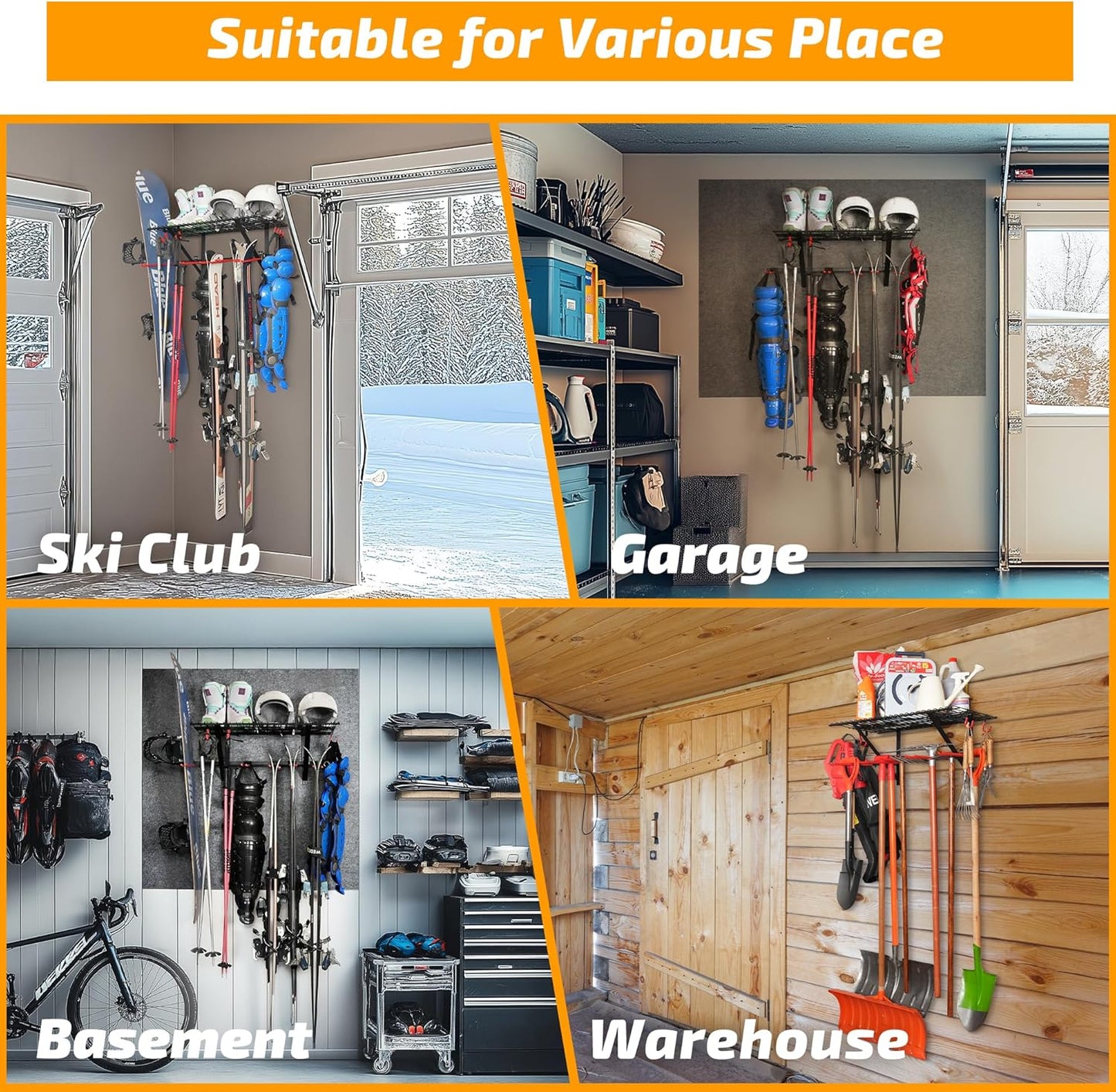 PLKOW Wall-Mounted Ski Rack, Skis Storage Rack for Garage Shed with Top Storage Shelf, Customizable Spacing, Supports Up to 560 lbs, 2-Pack
