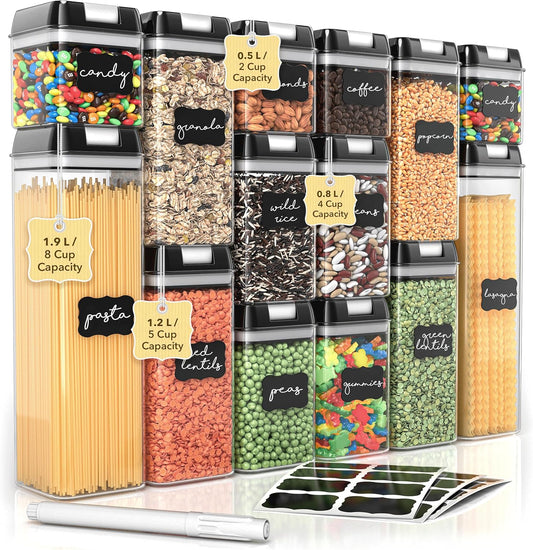 Simply Gourmet Airtight Food Storage Containers with Lids – 14 Piece Assorted Size Kitchen Pantry Organization Set, BPA-Free Clear Plastic, Stackable Containers for Cereal, Flour, Sugar, Rice, Snacks