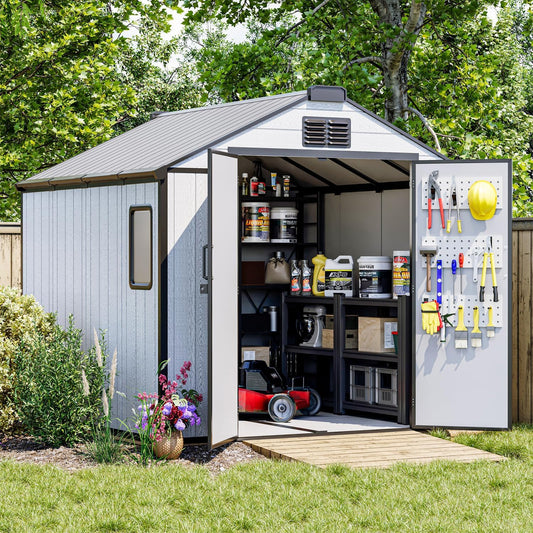 8 x 8 FT Plastic Storage Shed, All-Weather Resin Tool Shed with Windows, Lockable Doors & Floor, Outdoor Garden Shed for Poolside, Backyard, Patio