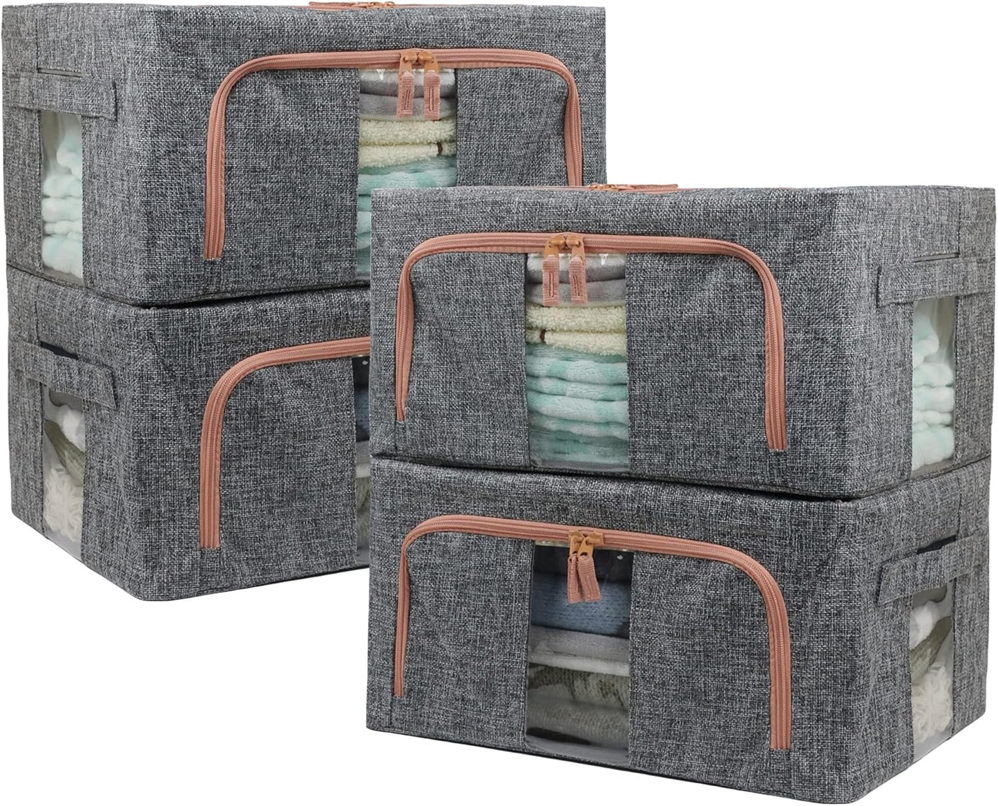 Linen Clothes Storage Bins, 4PCS Sturdy Closet Organizers and Storage Bin with Metal Frame, 2 Opening Ways Fabric Visible Lidded Storage Box for Organizing Clothing,Jeans,Sheets (4PC Gray, 22Liters)