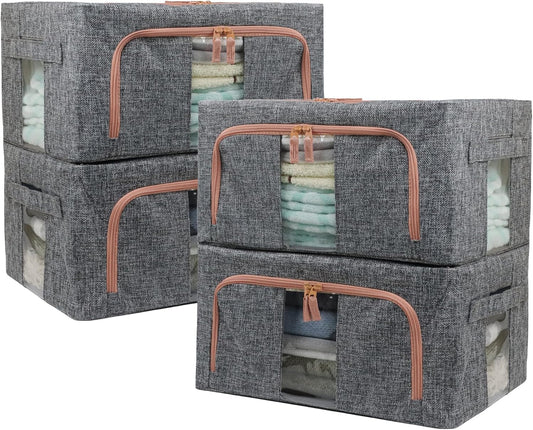 Linen Clothes Storage Bins, 4PCS Sturdy Closet Organizers and Storage Bin with Metal Frame, 2 Opening Ways Fabric Visible Lidded Storage Box for Organizing Clothing,Jeans,Sheets (4PC Gray, 22Liters)