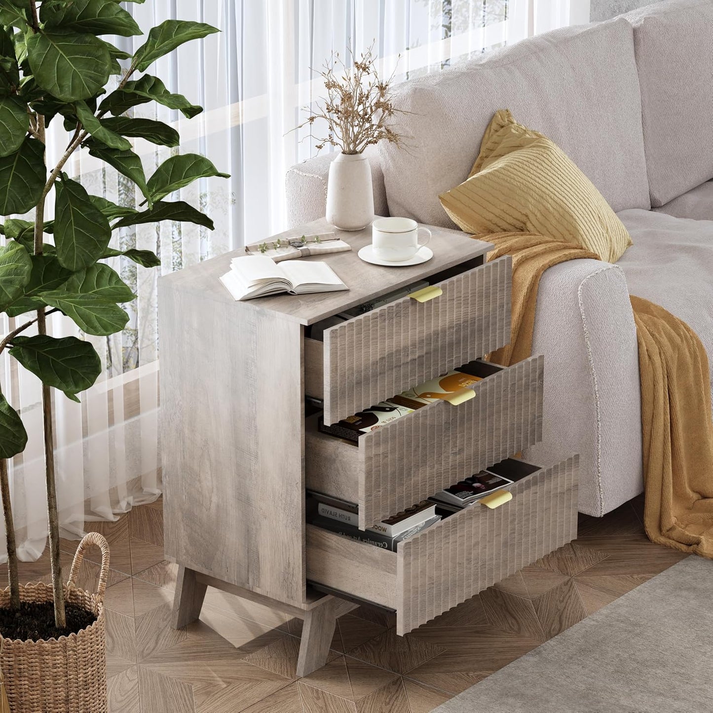 Grey Night Stand with 3 Drawers, Bedside Table & End Table, 24" Wide Mid Century Modern Fluted Wood Nightstand with Metal Handles, Farmhouse Night Stands for Bedroom, Gray