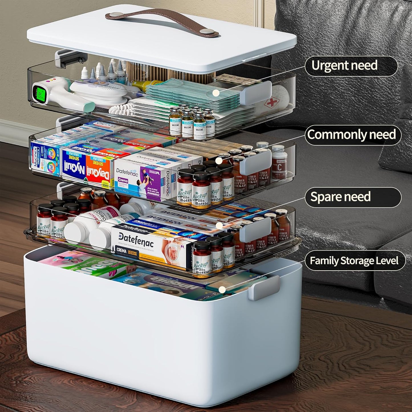 CTIME 4-Tier XL Medicine Organizer with Leather Handle - Portable Pill Case & Empty First Aid Kit for Home, Travel, RV, School, Dorm | Ideal Elderly Gift