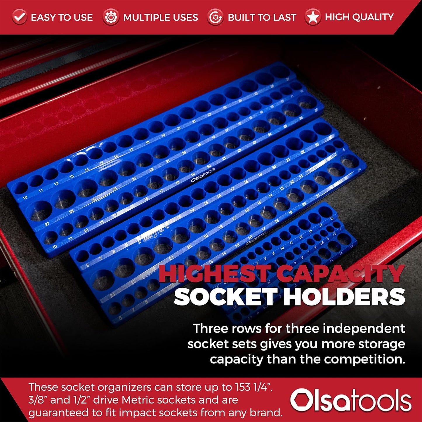 Olsa Tools 3-Row Magnetic Socket Organizer - Patented 3pc Socket Holder Kit - 1/2-Inch, 3/8-Inch, & 1/4-Inch Drive - Socket Organizers For Toolboxes - Blue - Holds 141 - Part 1562