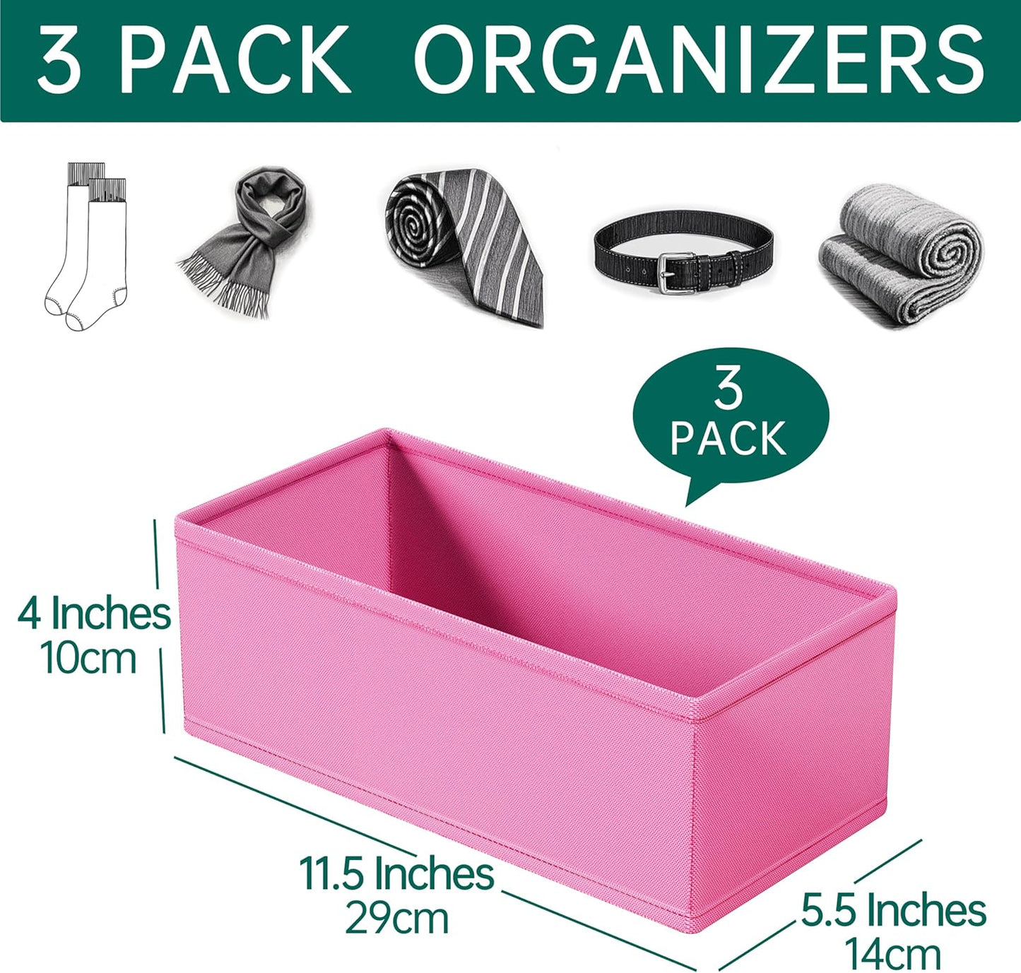 3 PACK Drawer Organizer Clothes，drawer Divider， Dresser Drawer Storage for Sock, Underwear, Bra，Panties，Belt, Tie, Stockings, Leggings & Accessories (Pink)