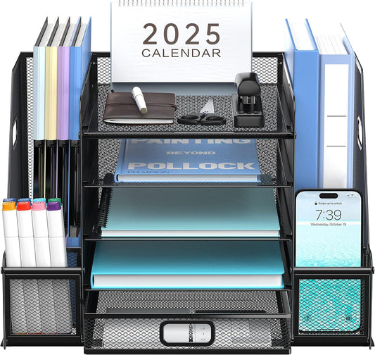 SUPEASY Mesh Desk Organizer with File Holder, 5-Tier Paper Letter Tray Organizer with Magazine Holder, Desktop Organizer and Storage with Drawer for Office Supplies Home or School, Black