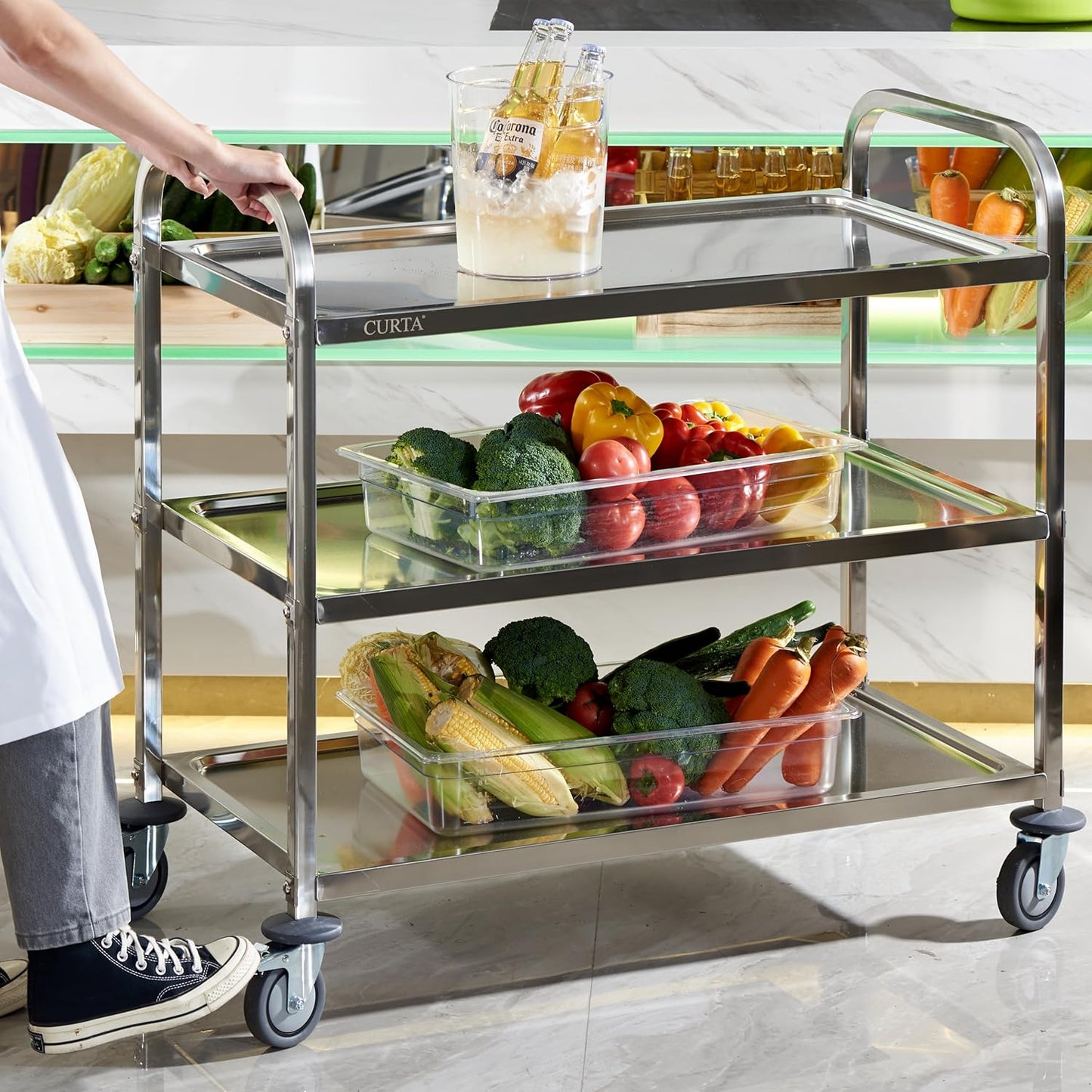 CURTA Stainless Steel Serving Trolley, 38" L x 20" W x 37" H 3 Tiered Shelf Kitchen Utility Cart, Rolling Casters Brake Wheel, Commercial Pro for Restaurant/Hotel/Lab/Clinic/Salon/Workshop