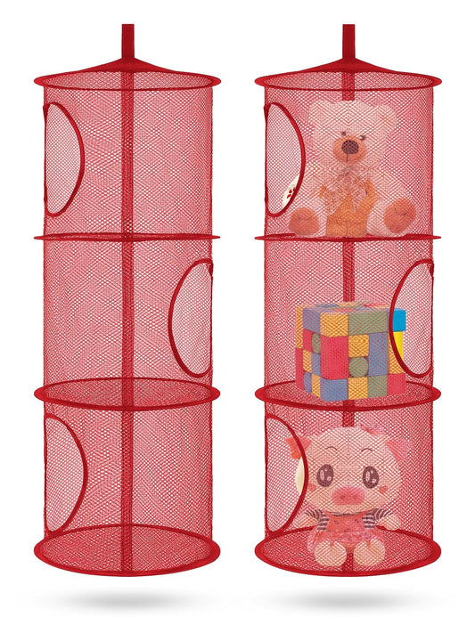 Libeder Stuffed Animal Storage Mesh Hanging Storage Space Saver Bags Organizer,Foldable Storage Organizer 3 Compartments Toy Net Storage Basket for Kids Room Bathroom 2 Sets Red
