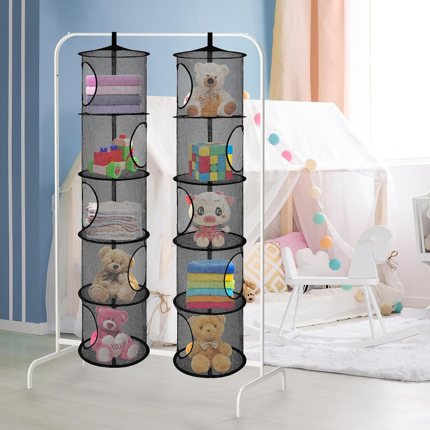 Libeder Mesh Hanging Storage Space Saver Bags Organizer,Foldable Storage Organizer 5 Compartments Toy Storage Basket for Kids Room Bathroom 2 Sets, Black