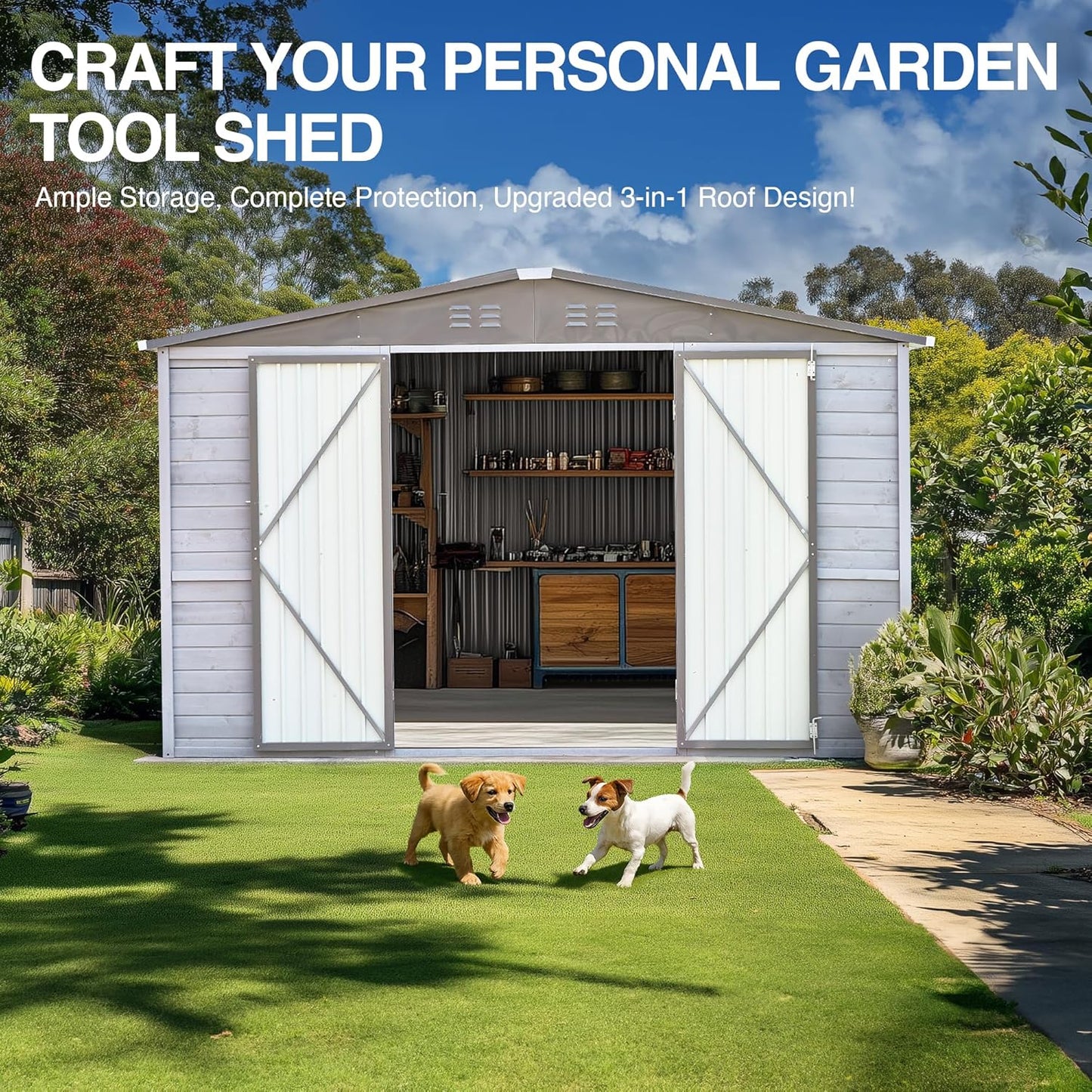 Shed 8' x 8' Storage Shed, 8 x 8 FT Wood Sheds & Outdoor Storage Clearance, Utility and Tool Garden Shed, Waterproof Storage Shed Large with Lockable Doors for Backyard, Patio, Outside Use (Gray)
